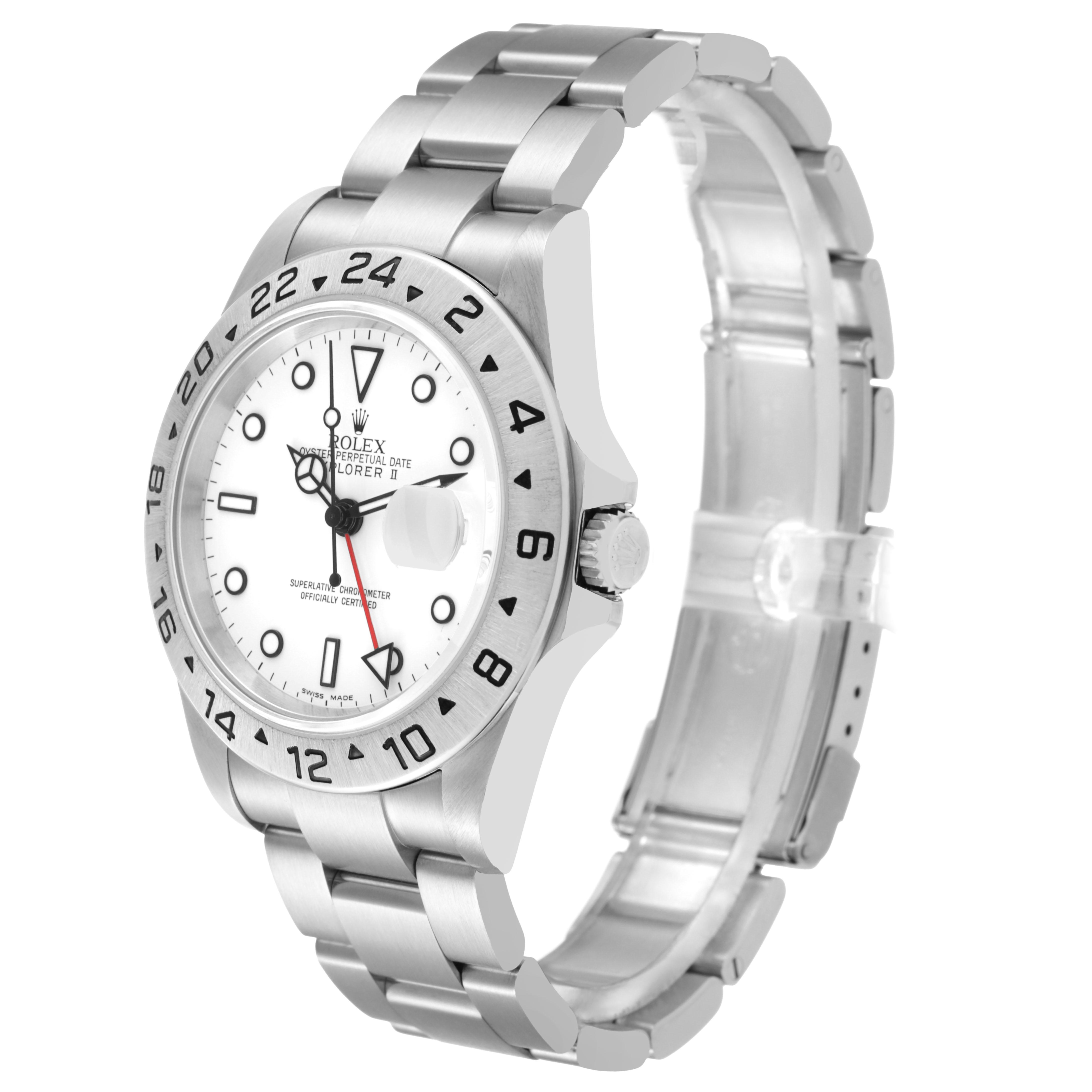 The Rolex Explorer 16570 Men's Stainless Steel White Dial watch is shown at an angle highlighting the face, bezel, and bracelet.