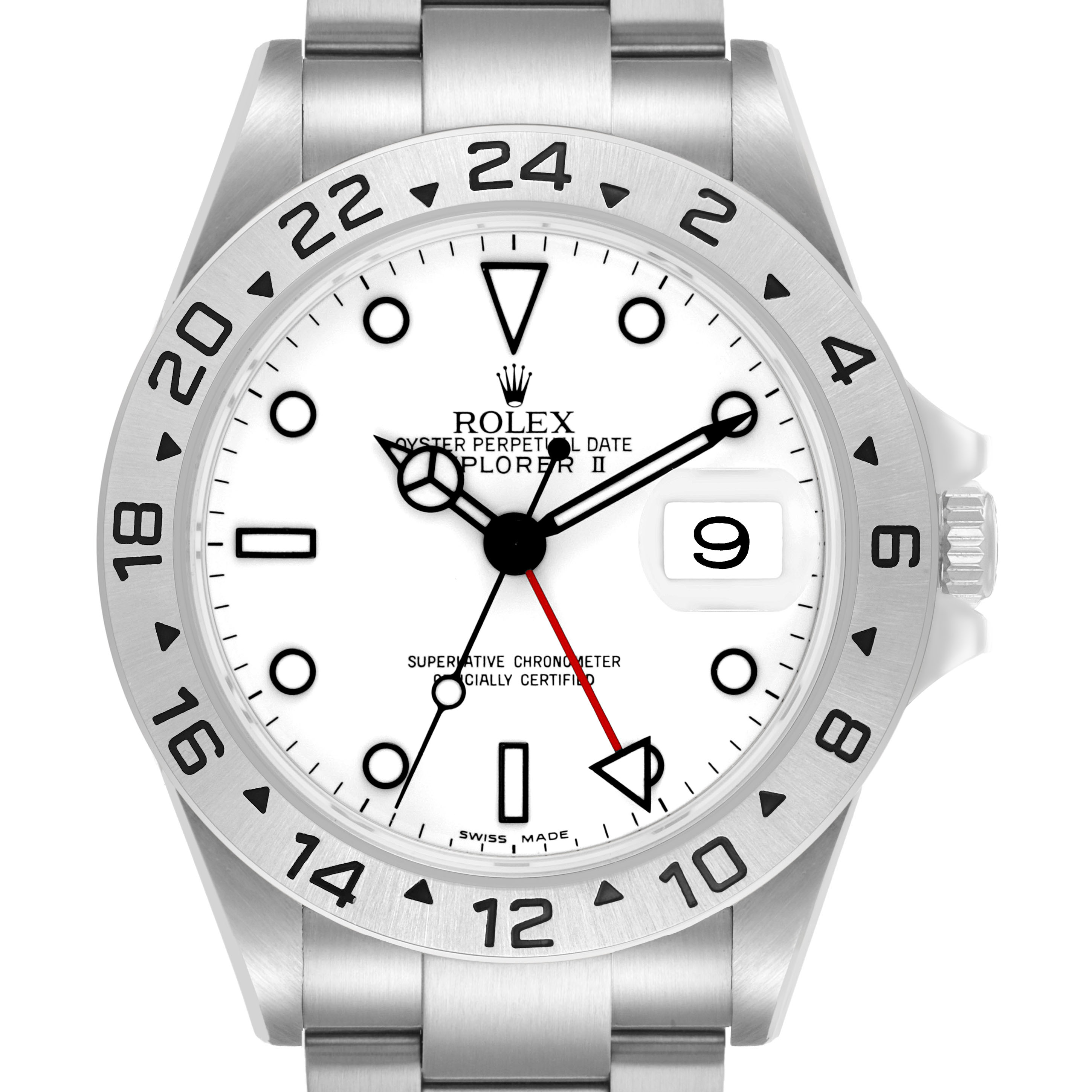 The Rolex Explorer 16570 Men's Stainless Steel White Dial watch is shown from a front angle, highlighting the dial, hands, bezel, and part of the bracelet.