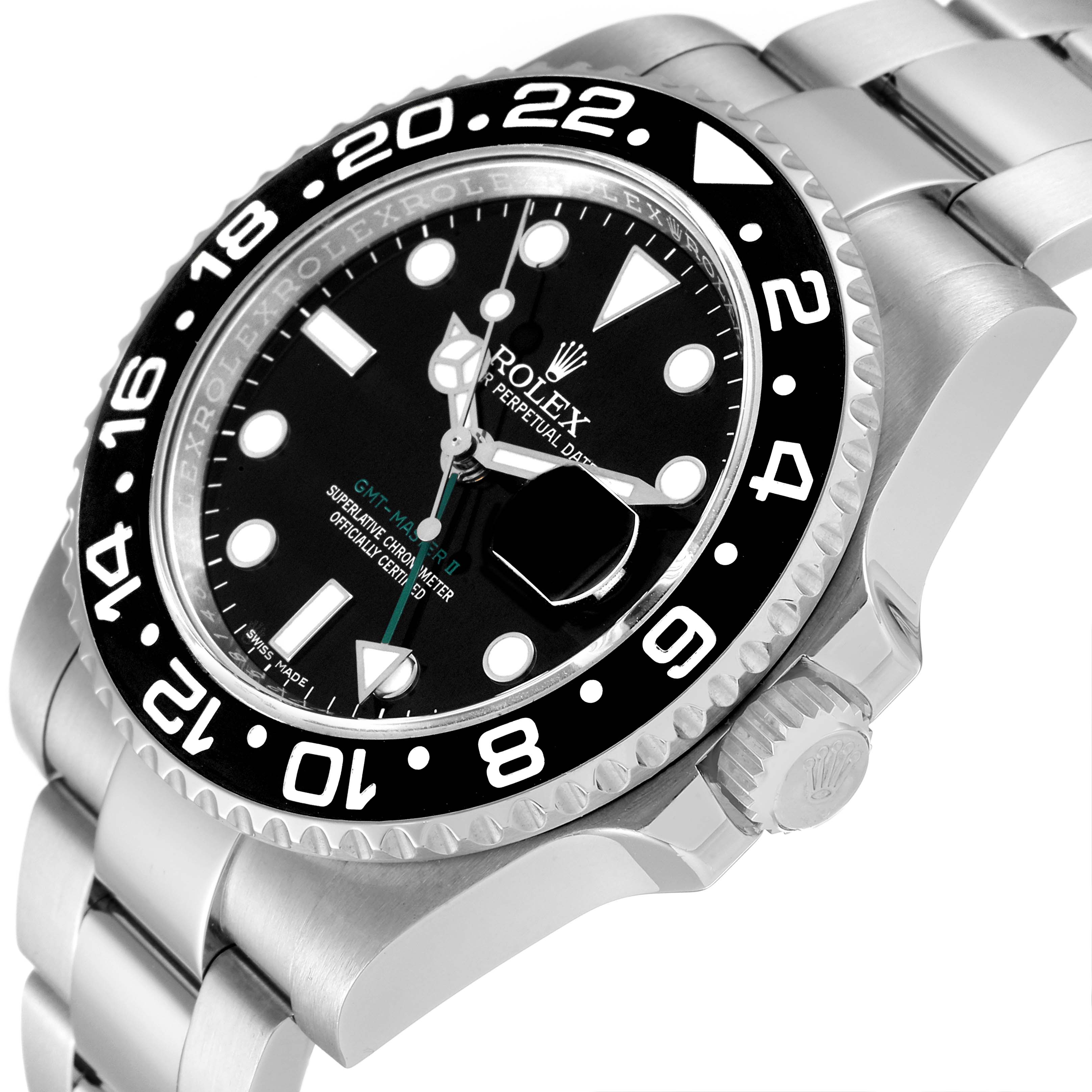 This picture shows a close-up of the Rolex GMT-Master 116710 Men's Stainless Steel Black Dial 116710 Men's Stainless Steel Black Dial II watch face and part of the bracelet from an angled side view.