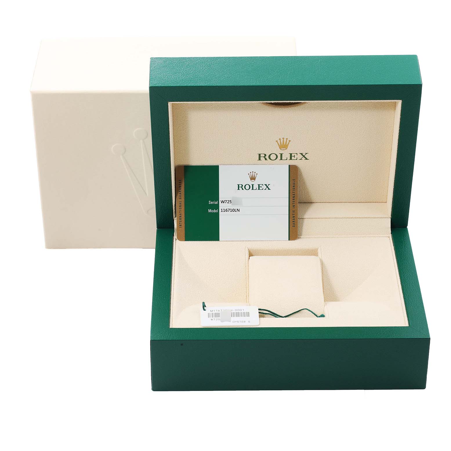 The image shows the open box and warranty card for a Rolex GMT-Master 116710 Men's Stainless Steel Black Dial 116710 Men's Stainless Steel Black Dial watch model 116710LN.