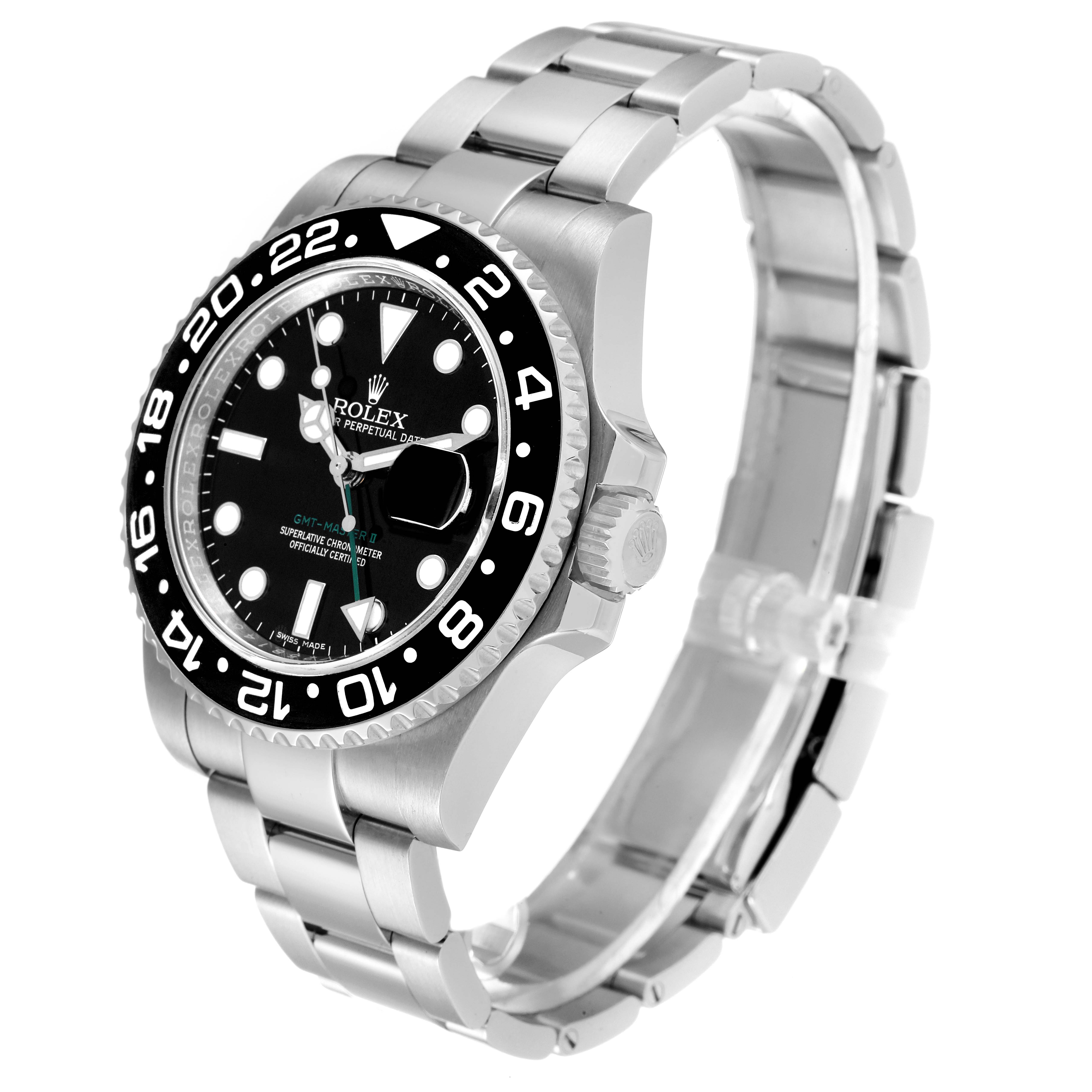 The Rolex GMT-Master 116710 Men's Stainless Steel Black Dial 116710 Men's Stainless Steel Black Dial watch is shown from a three-quarter angle, displaying the dial, bezel, and part of the bracelet.