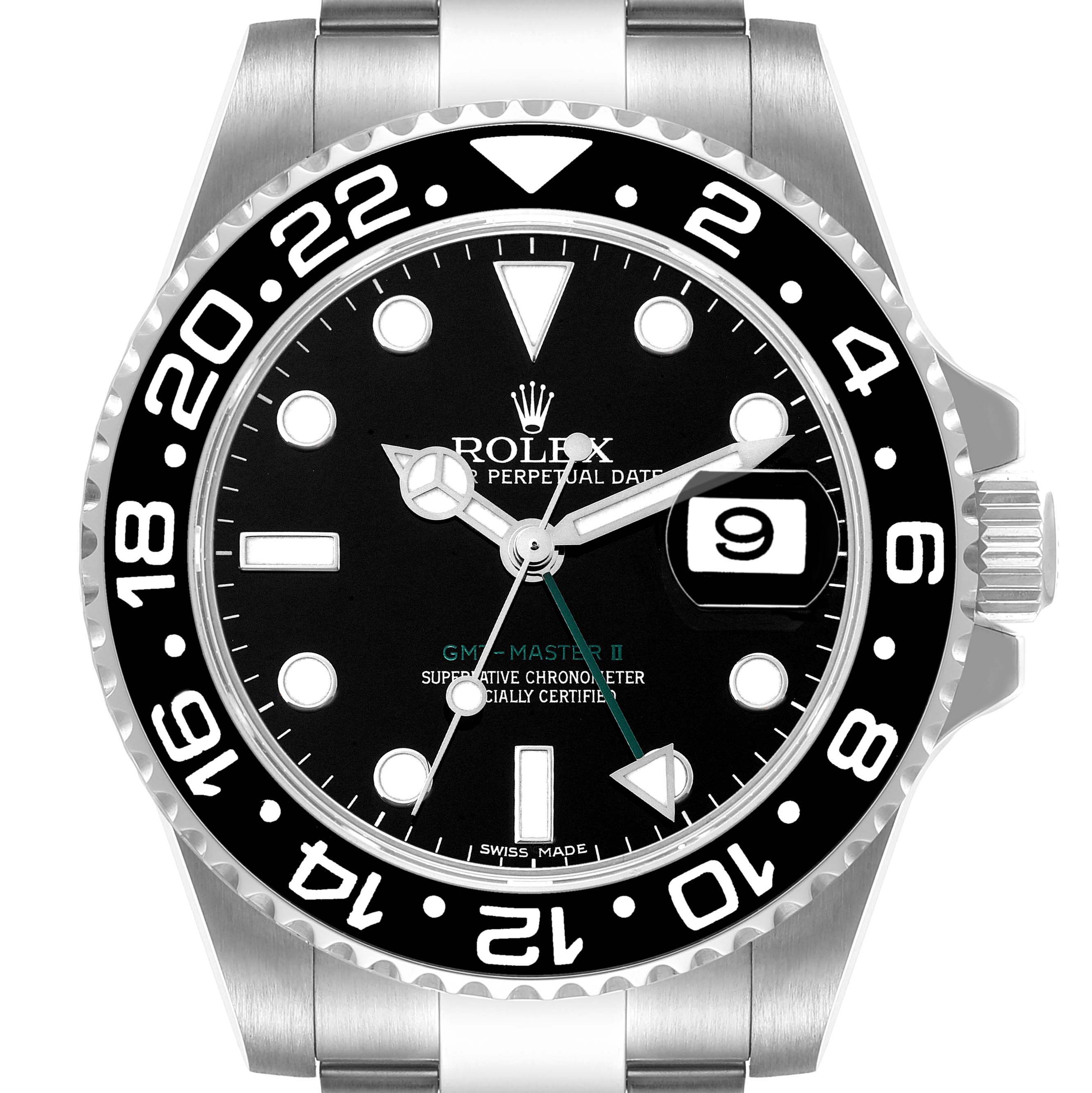 The image shows the front view of the Rolex GMT-Master 116710 Men's Stainless Steel Black Dial 116710 Men's Stainless Steel Black Dial II watch, highlighting the black dial, bezel, date function, and crown.