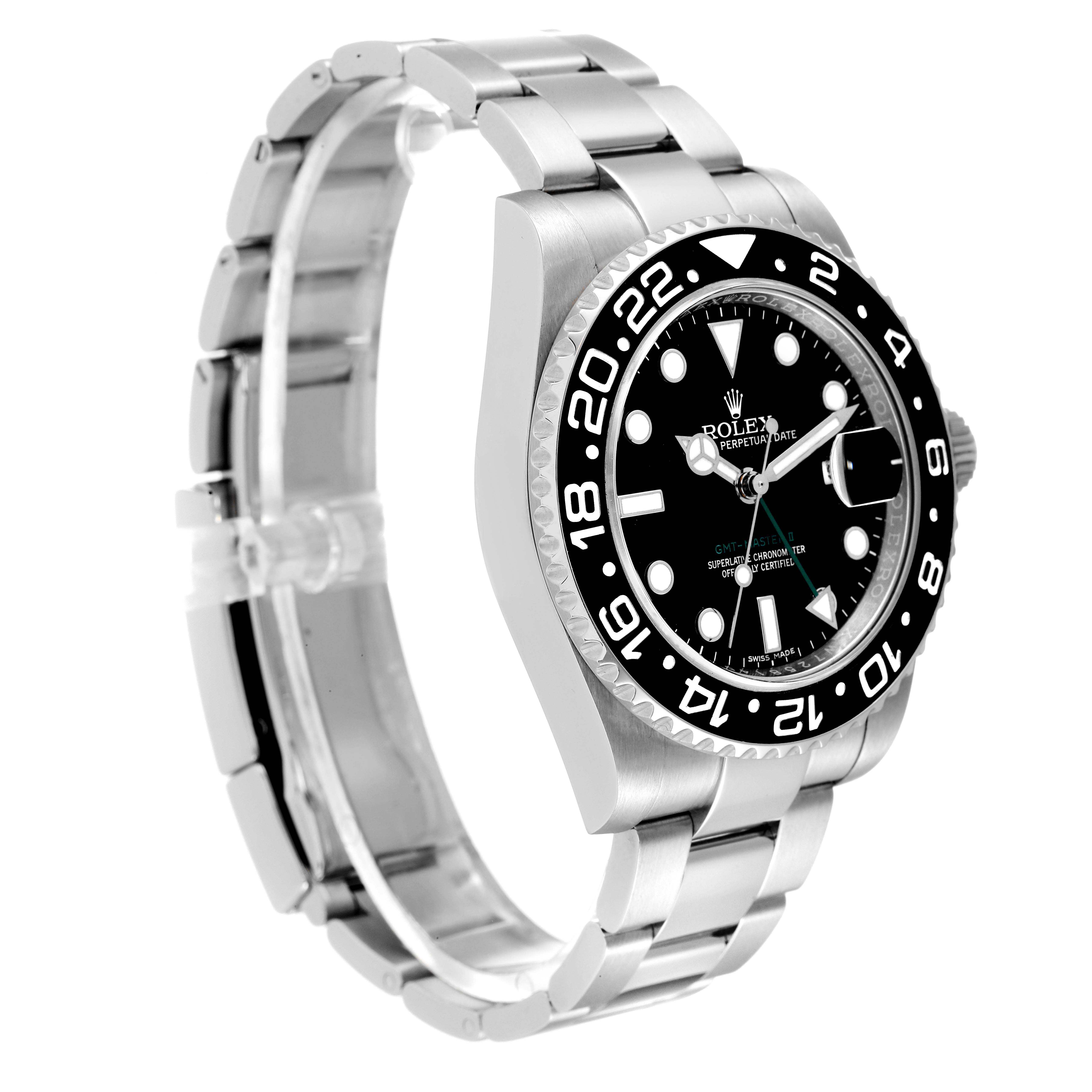 The Rolex GMT-Master 116710 Men's Stainless Steel Black Dial 116710 Men's Stainless Steel Black Dial watch is shown at a three-quarter angle, highlighting its face, bezel, and bracelet.