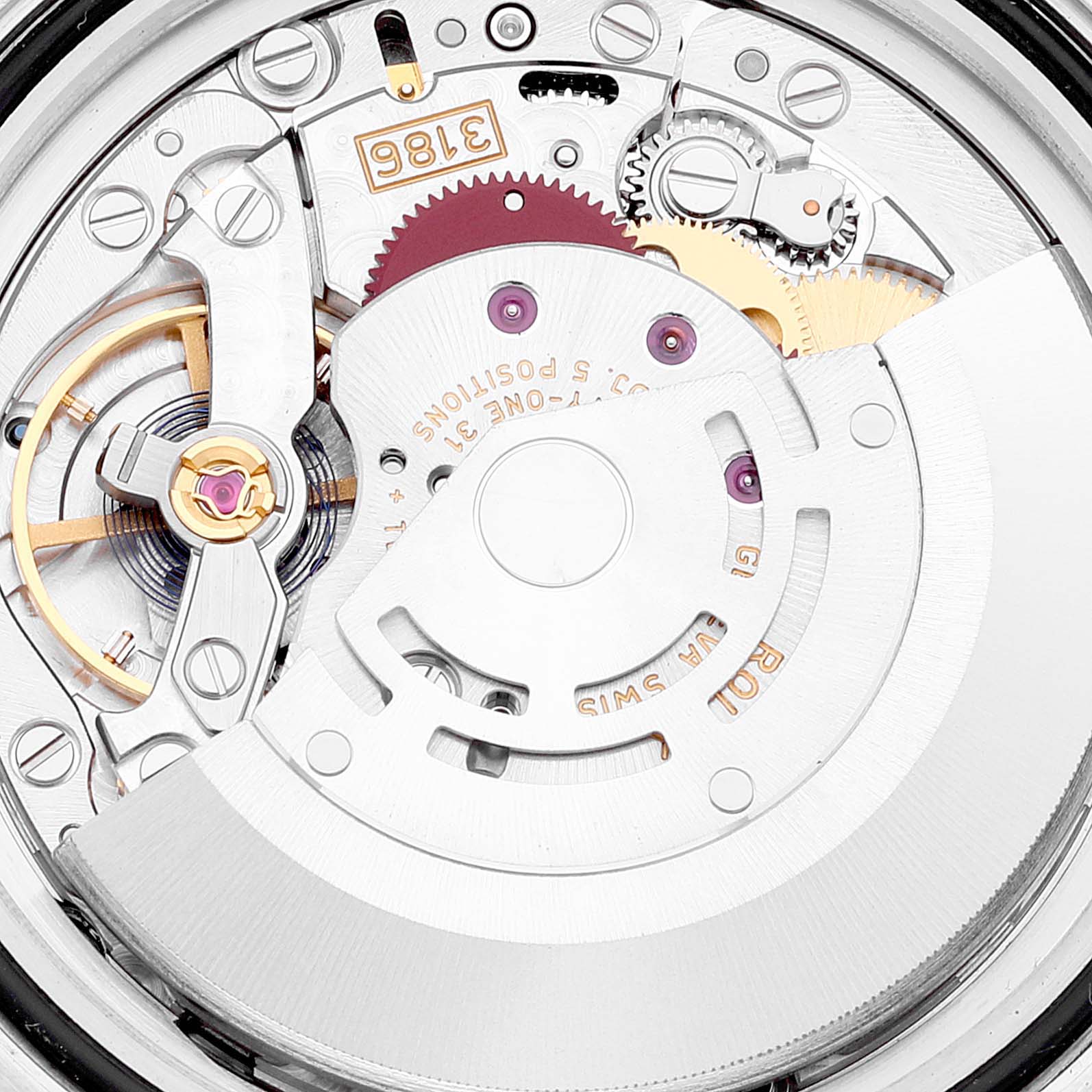 This image shows a close-up view of the movement mechanism inside a Rolex GMT-Master 116710 Men's Stainless Steel Black Dial 116710 Men's Stainless Steel Black Dial watch.