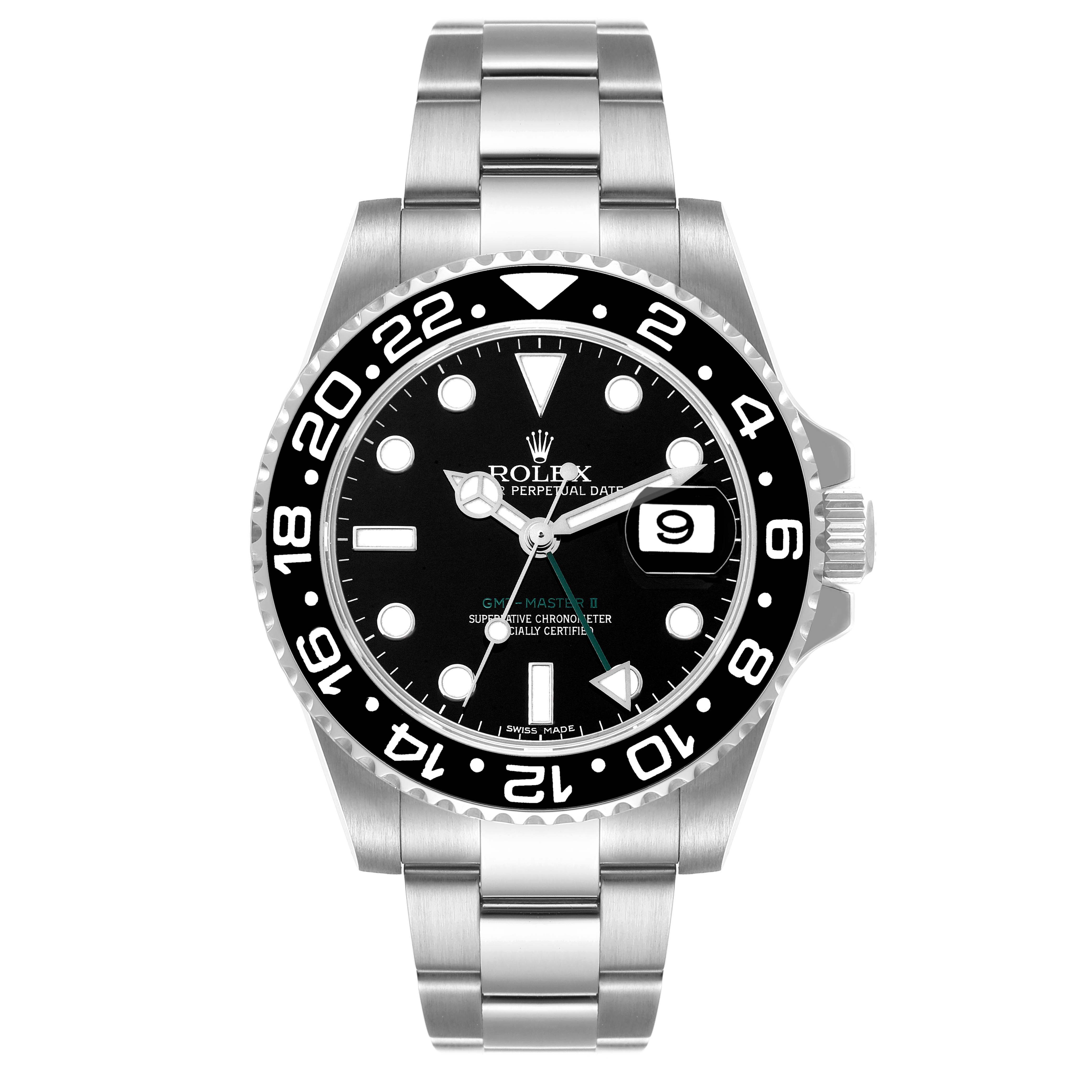 The image shows a front view of a Rolex GMT-Master 116710 Men's Stainless Steel Black Dial 116710 Men's Stainless Steel Black Dial watch, displaying the face, bezel, and bracelet.