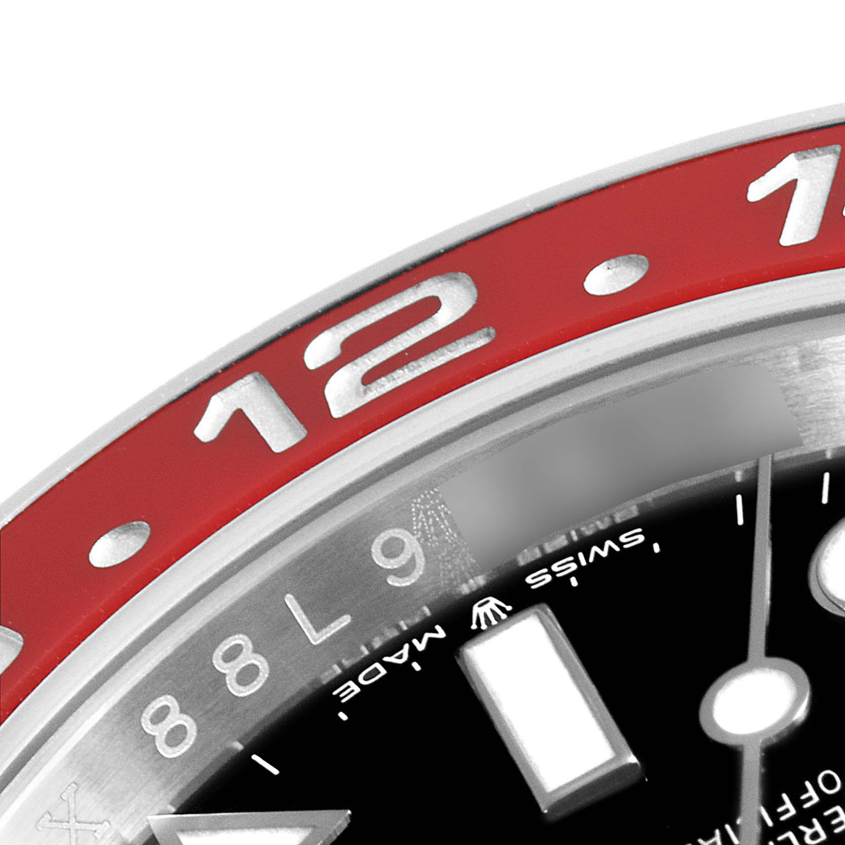 This close-up image features part of the bezel and dial of a Rolex GMT-Master 126710 Men
s Stainless Steel Black Dial 126710 Men
s Stainless Steel Black Dial watch.