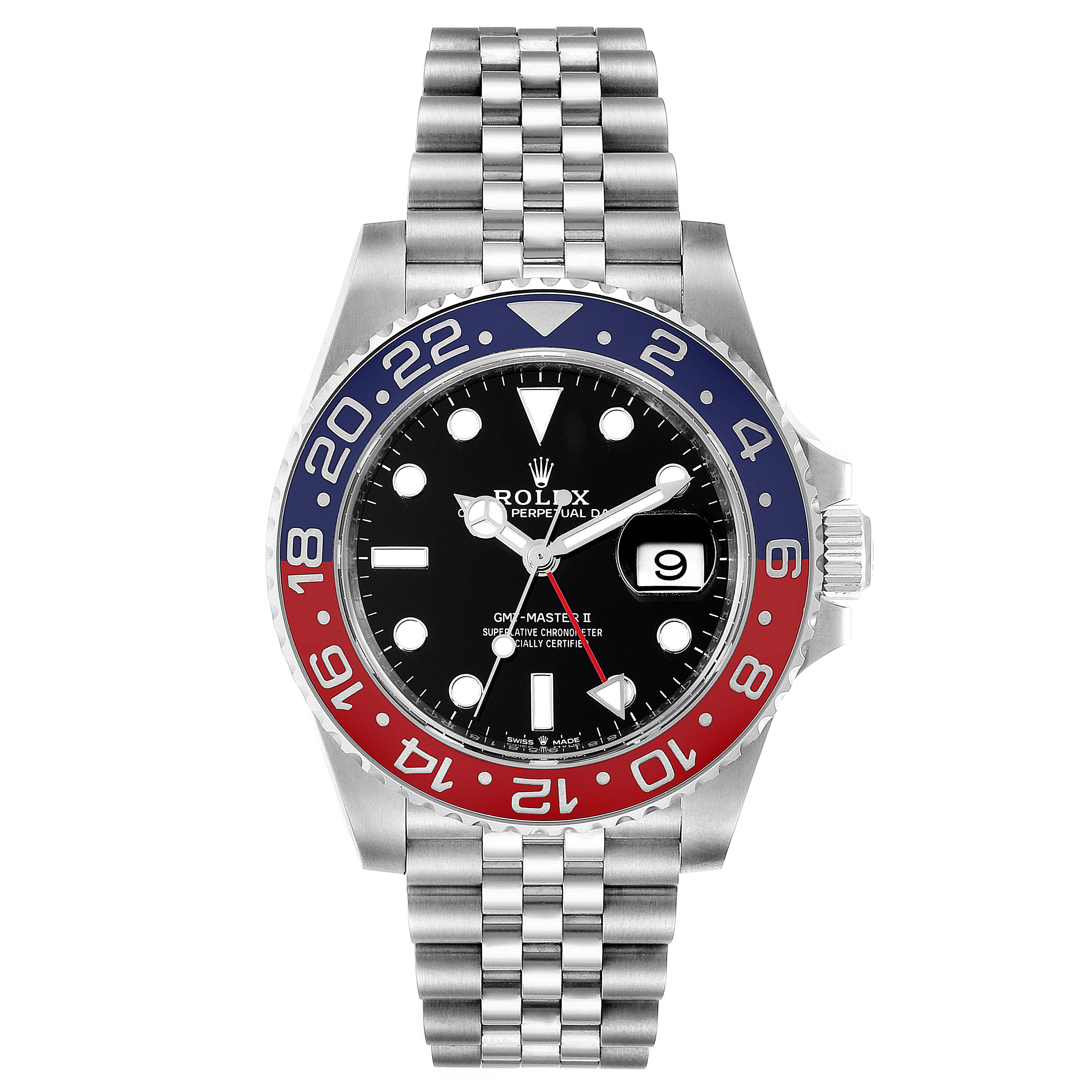 The image shows a front view of a Rolex GMT-Master 126710 Men
s Stainless Steel Black Dial 126710 Men
s Stainless Steel Black Dial watch, displaying its bezel, dial, hands, and bracelet.
