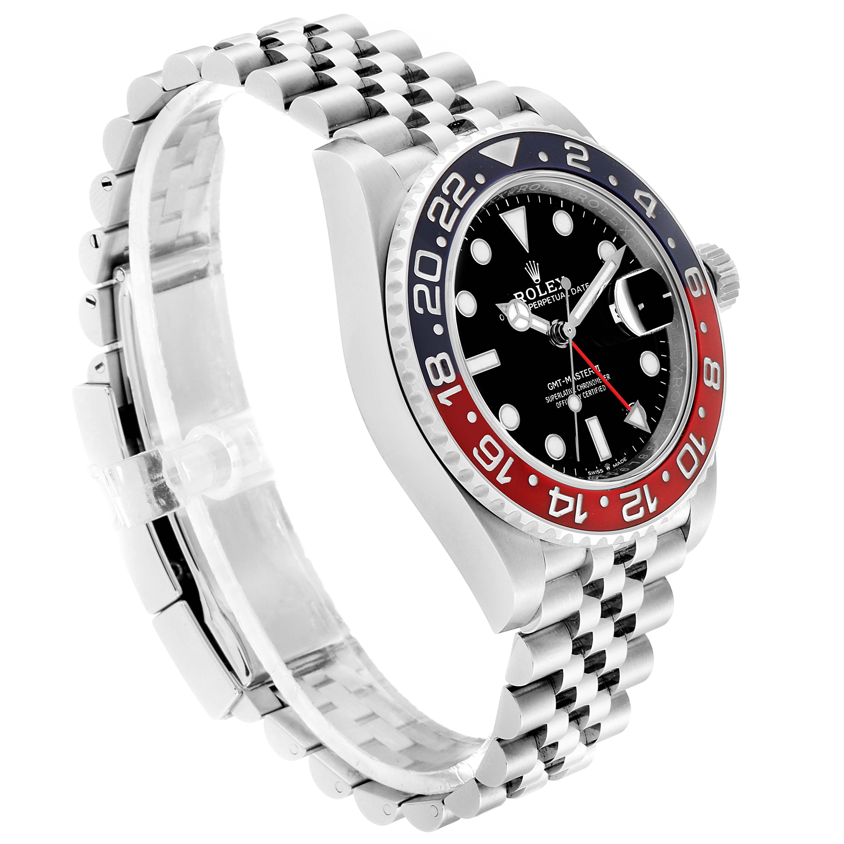 The Rolex GMT-Master 126710 Men
s Stainless Steel Black Dial 126710 Men
s Stainless Steel Black Dial watch is shown at a three-quarter angle, highlighting the bezel, dial, crown, and Jubilee bracelet.