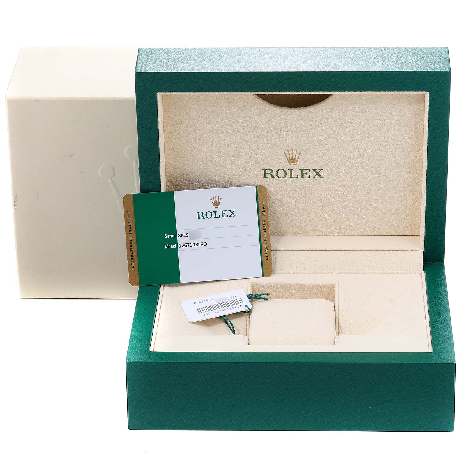 The image shows the open box of a Rolex GMT-Master 126710 Men
s Stainless Steel Black Dial 126710 Men
s Stainless Steel Black Dial watch along with its warranty card and tag.