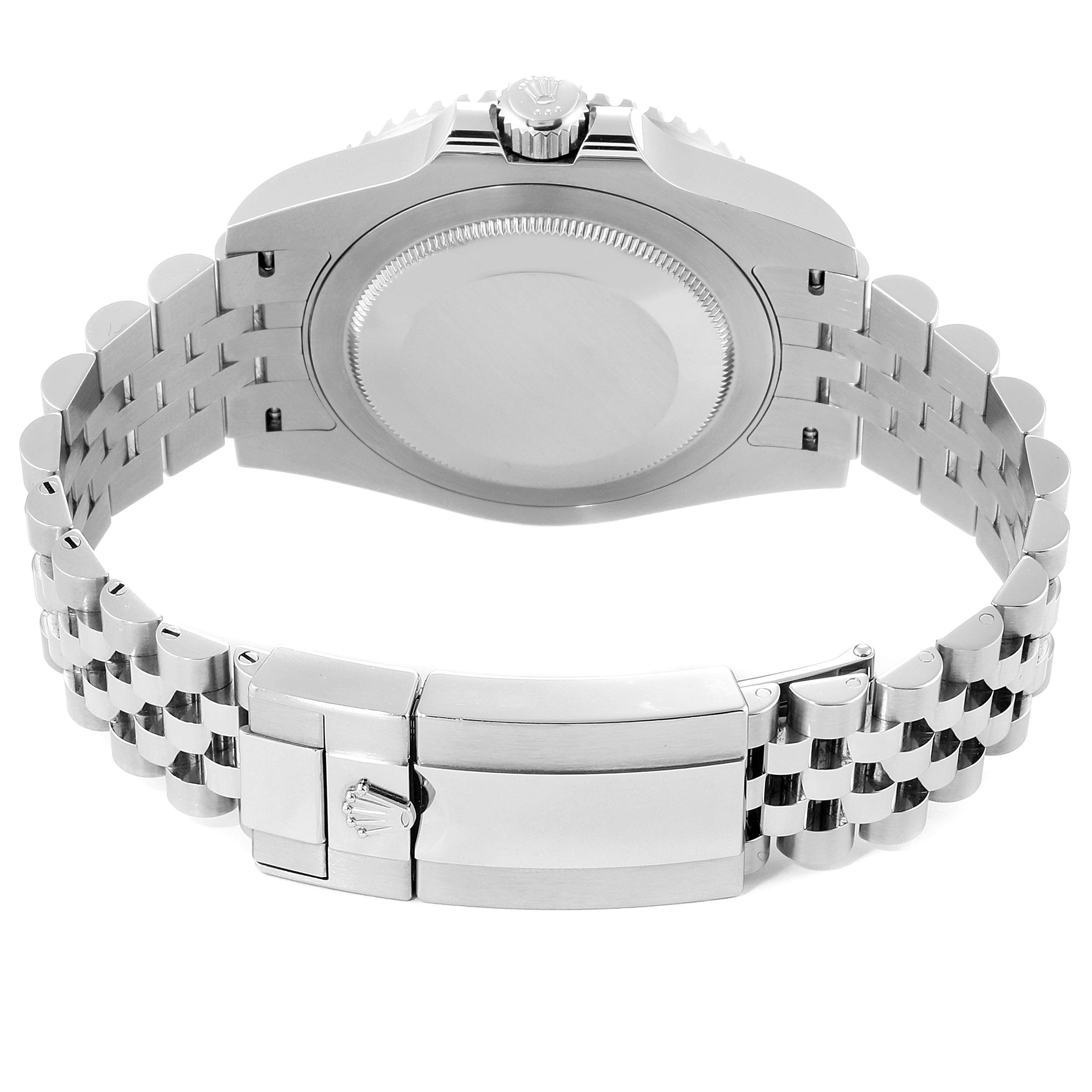 The image shows the backside and bracelet of a Rolex GMT-Master 126710 Men
s Stainless Steel Black Dial 126710 Men
s Stainless Steel Black Dial watch, highlighting the case back and clasp.