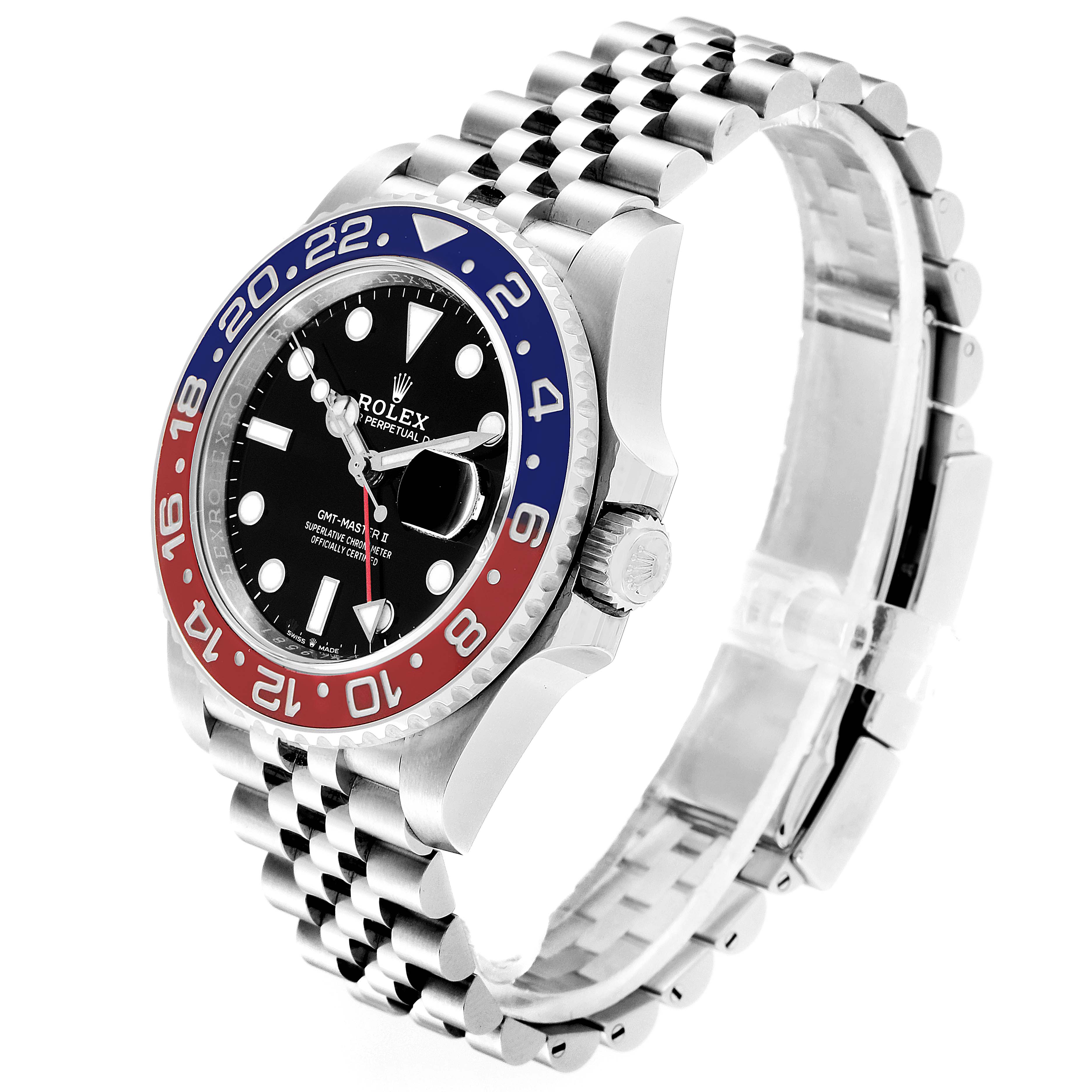 The image shows a side profile of a Rolex GMT-Master 126710 Men
s Stainless Steel Black Dial 126710 Men
s Stainless Steel Black Dial II watch, highlighting its bezel, dial, and jubilee bracelet.