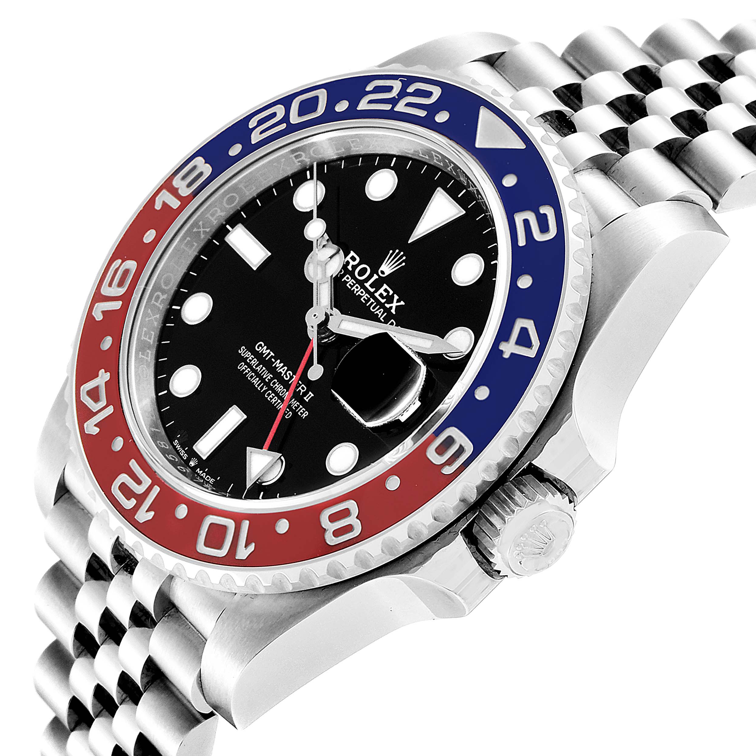 The image shows a side angle of the Rolex GMT-Master 126710 Men
s Stainless Steel Black Dial 126710 Men
s Stainless Steel Black Dial watch, including the bezel, crown, and part of the jubilee bracelet.