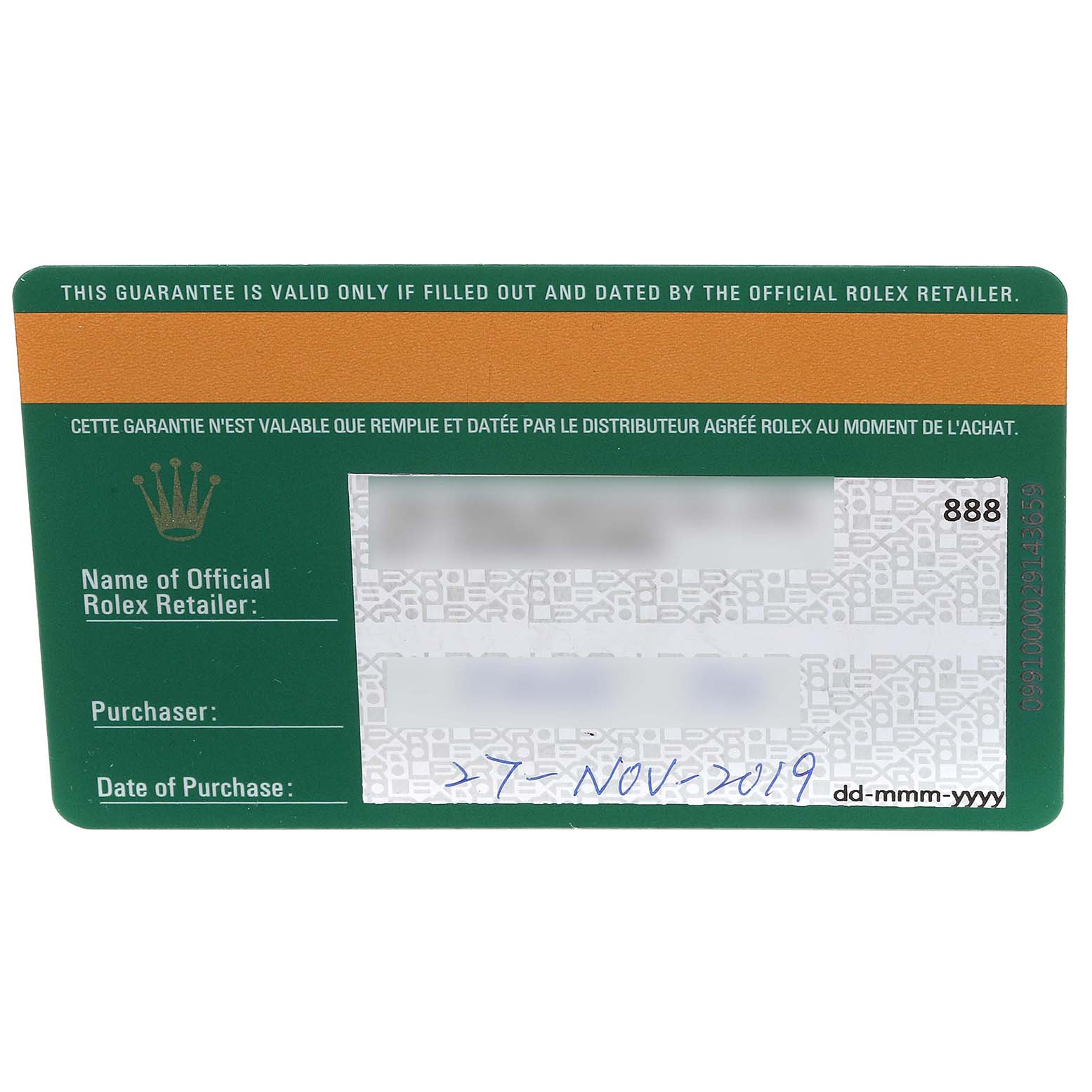 This image shows the official warranty card for the Rolex GMT-Master 126710 Men
s Stainless Steel Black Dial 126710 Men
s Stainless Steel Black Dial watch from a top-down angle.