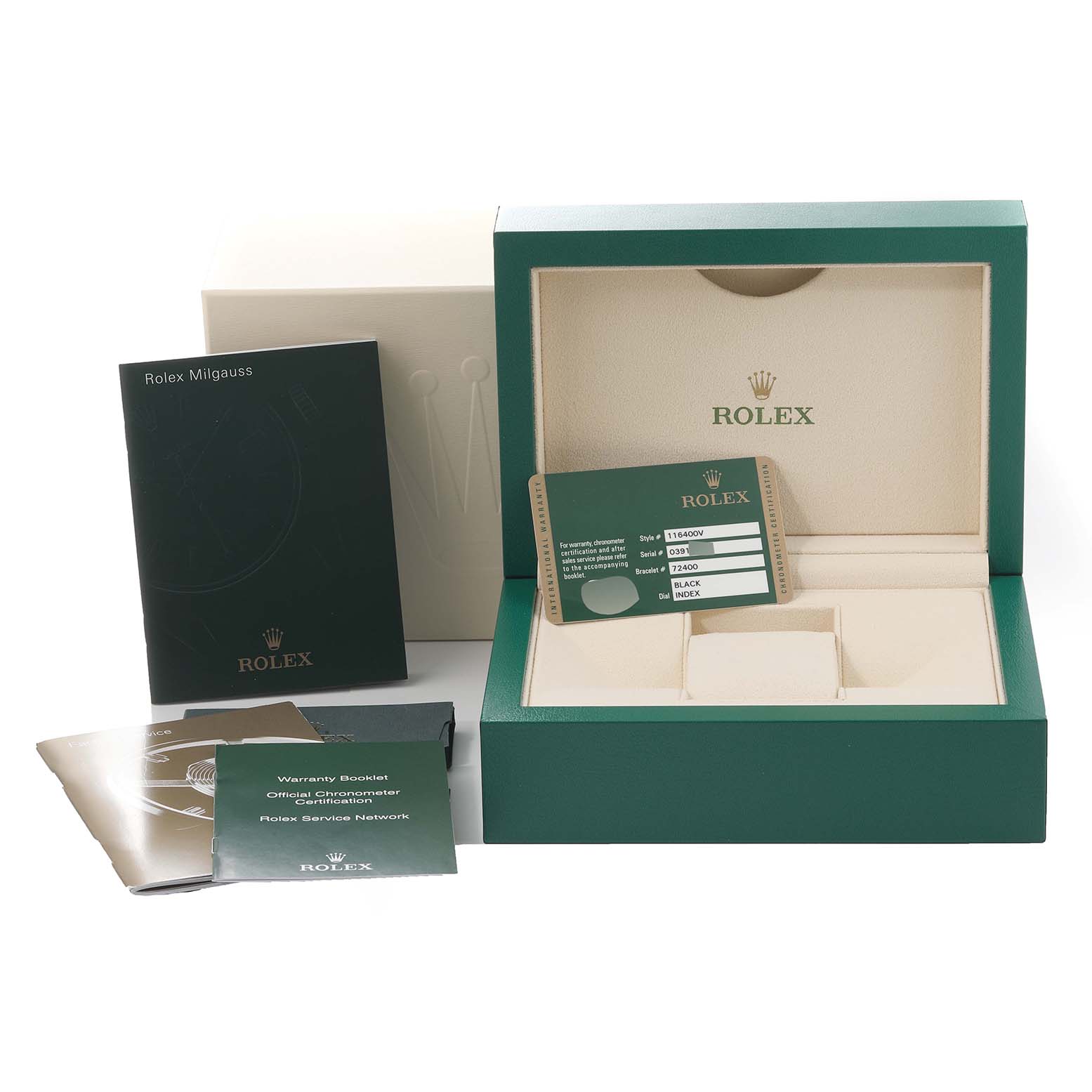 The image shows Rolex Milgauss 116400 Men's Stainless Steel Black Dial 116400 Men's Stainless Steel Black Dial packaging, including the box, warranty booklet, certification, and service booklets.