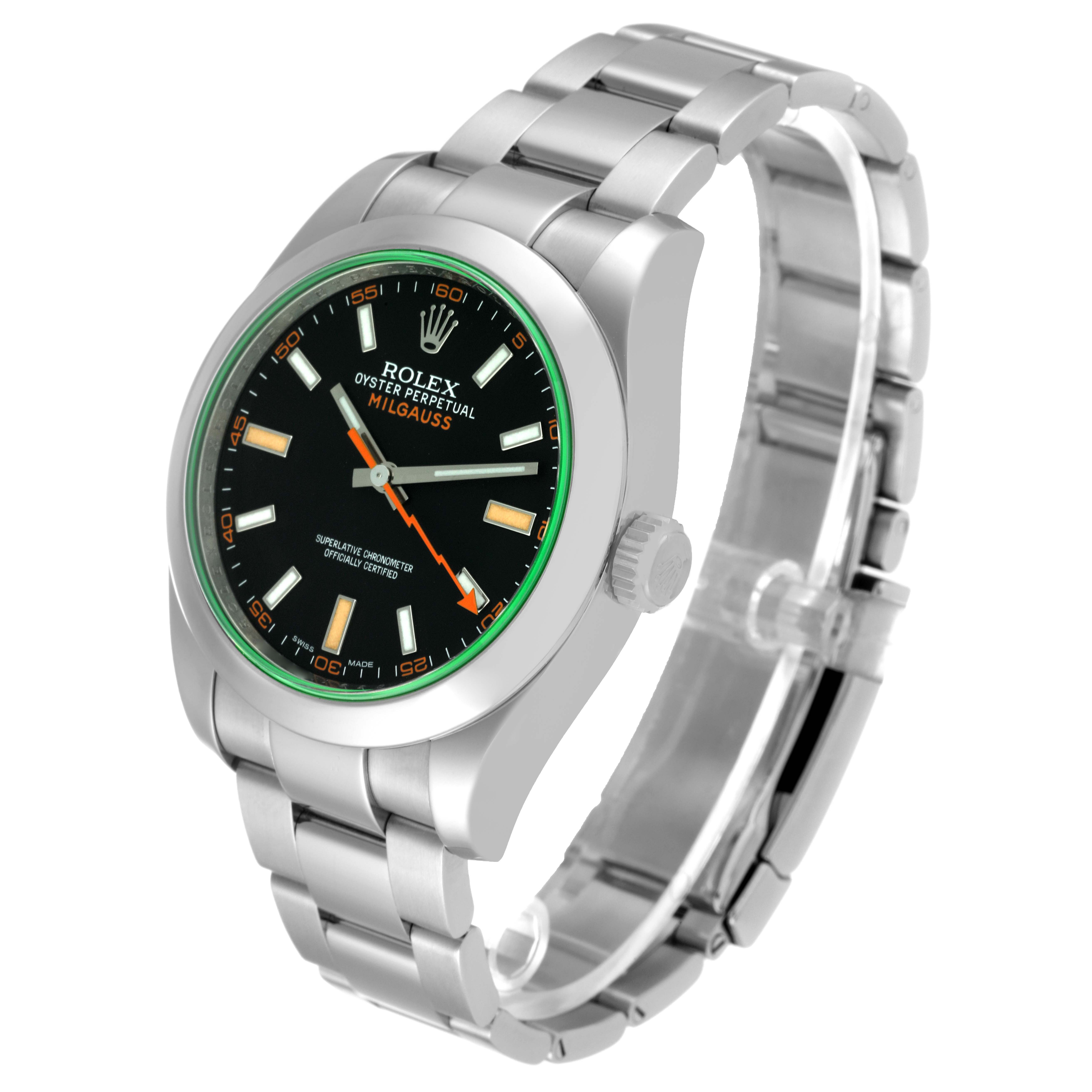 The image shows a side-angle view of a Rolex Milgauss 116400 Men's Stainless Steel Black Dial 116400 Men's Stainless Steel Black Dial watch, highlighting its stainless steel bracelet and green sapphire crystal.