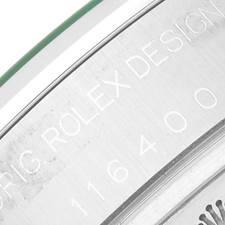 This image shows a close-up angle of the case back edge, displaying the "Rolex Milgauss 116400 Men's Stainless Steel Black Dial 116400 Men's Stainless Steel Black Dial" engraving.
