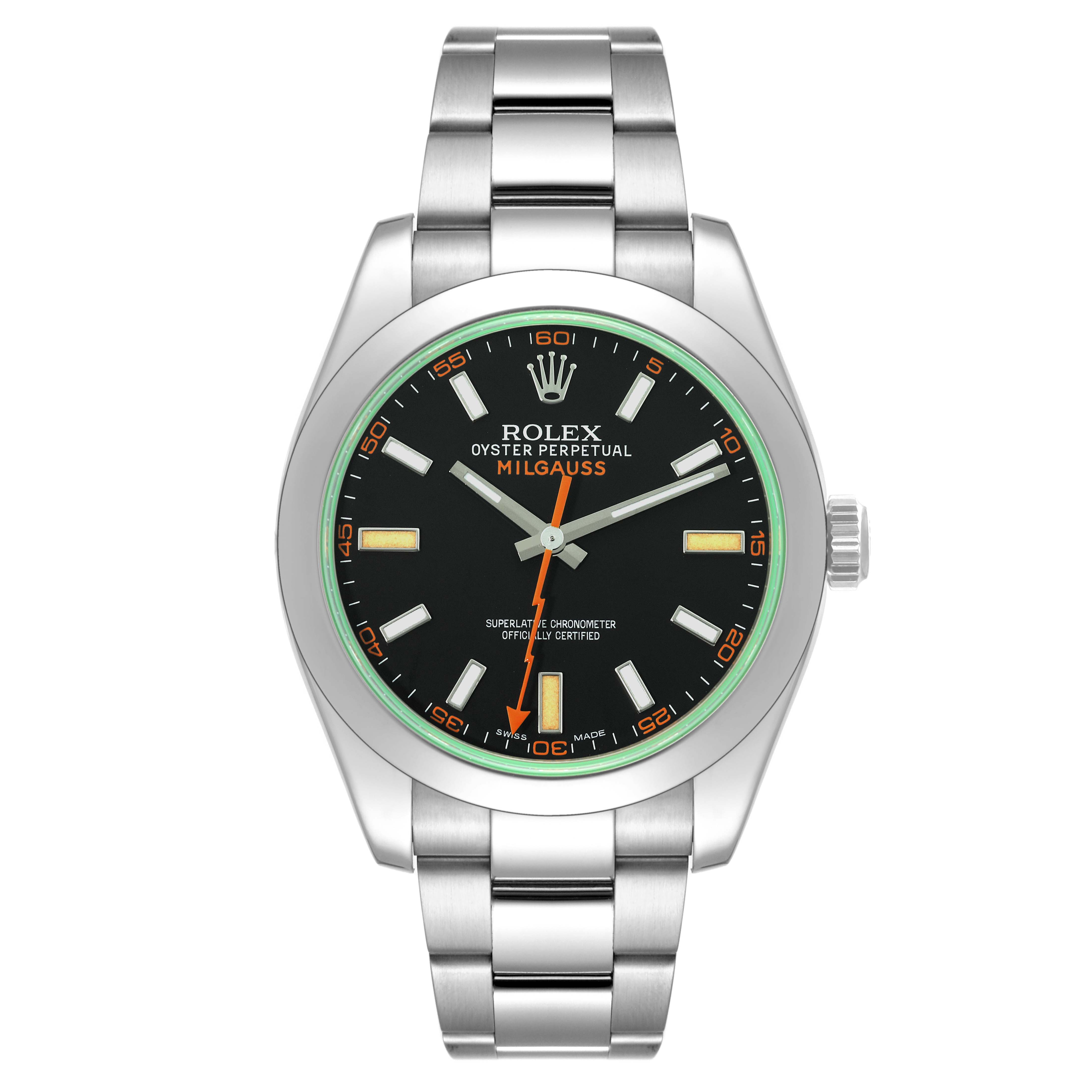 The Rolex Milgauss 116400 Men's Stainless Steel Black Dial 116400 Men's Stainless Steel Black Dial watch is shown from a front view, displaying its face, dial, and stainless steel bracelet.