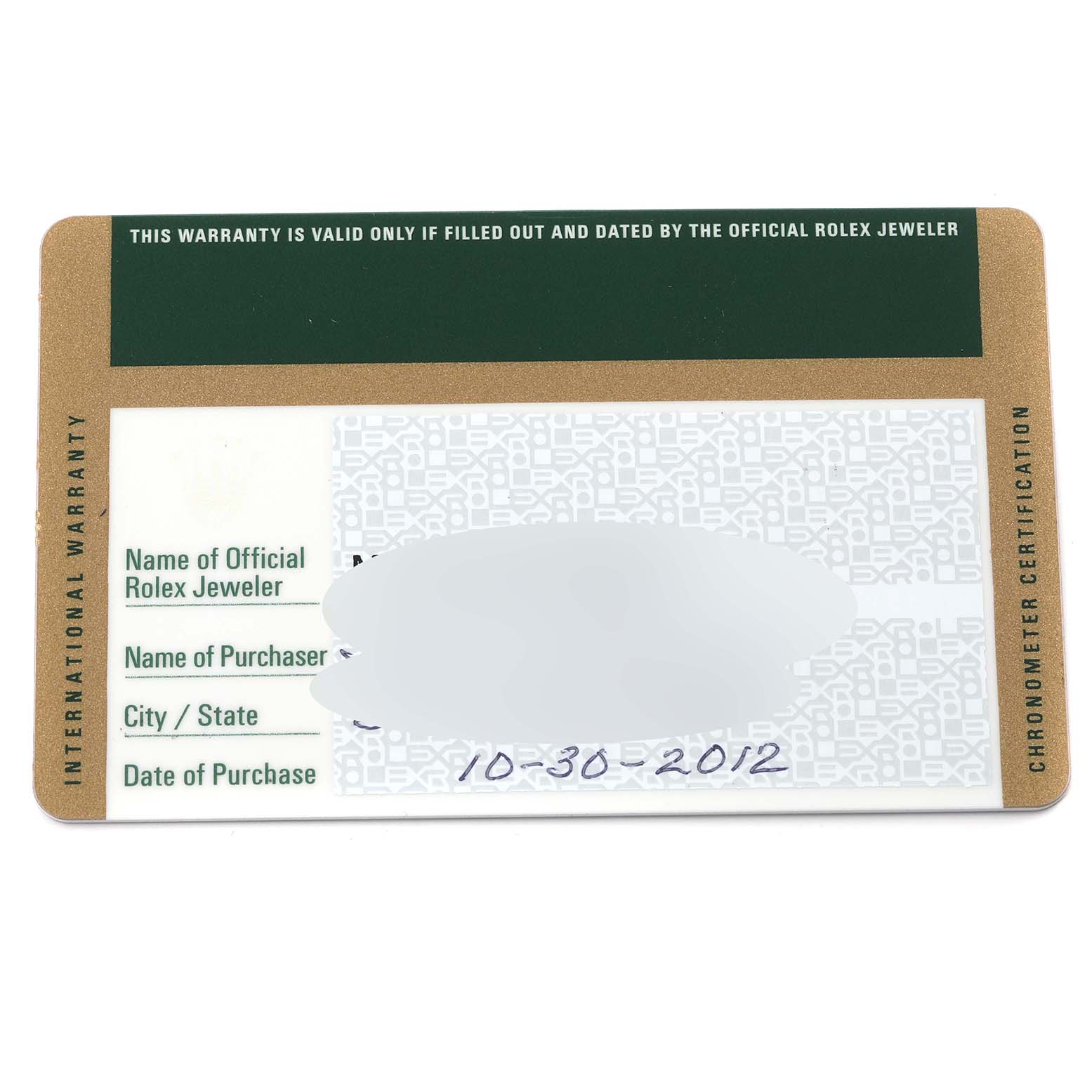 The image shows the warranty card for a Rolex Milgauss 116400 Men's Stainless Steel Black Dial 116400 Men's Stainless Steel Black Dial watch from an overhead angle.