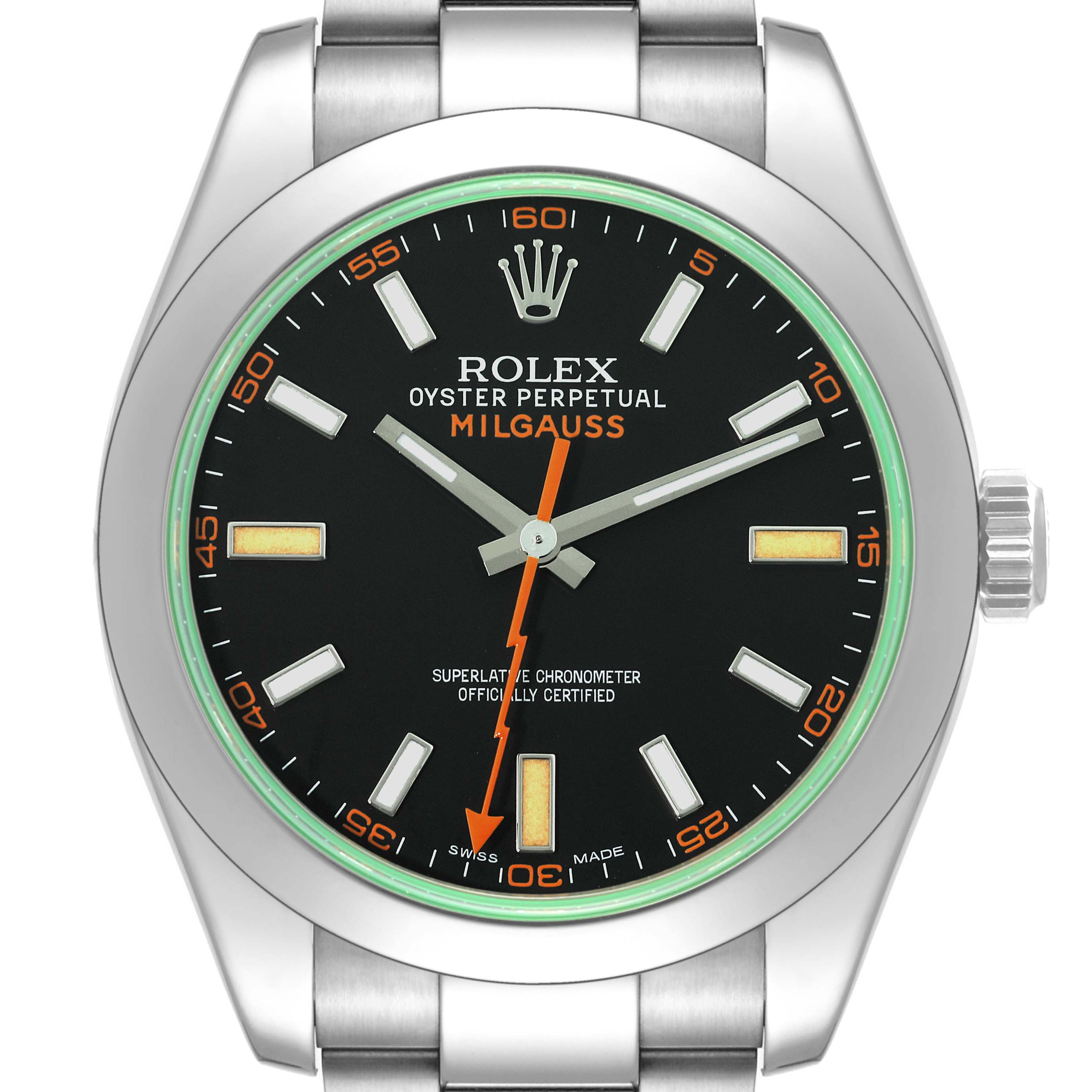 The image shows a front view of the Rolex Milgauss 116400 Men's Stainless Steel Black Dial 116400 Men's Stainless Steel Black Dial watch, highlighting the dial, hands, bezel, and bracelet.