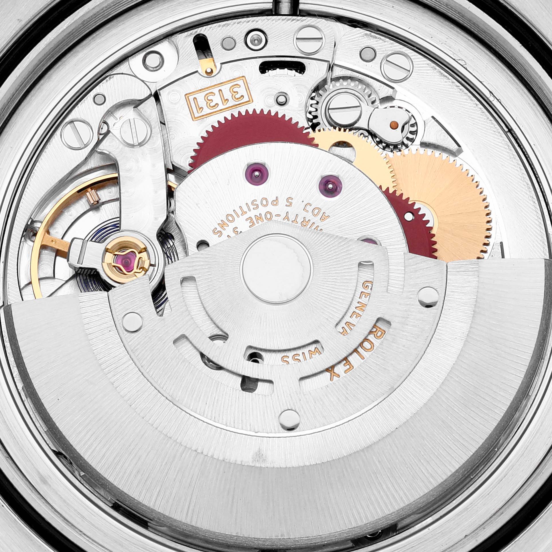 The image shows the internal mechanical movement of a Rolex Milgauss 116400 Men's Stainless Steel Black Dial 116400 Men's Stainless Steel Black Dial watch, viewed from the back with visible gears and components.