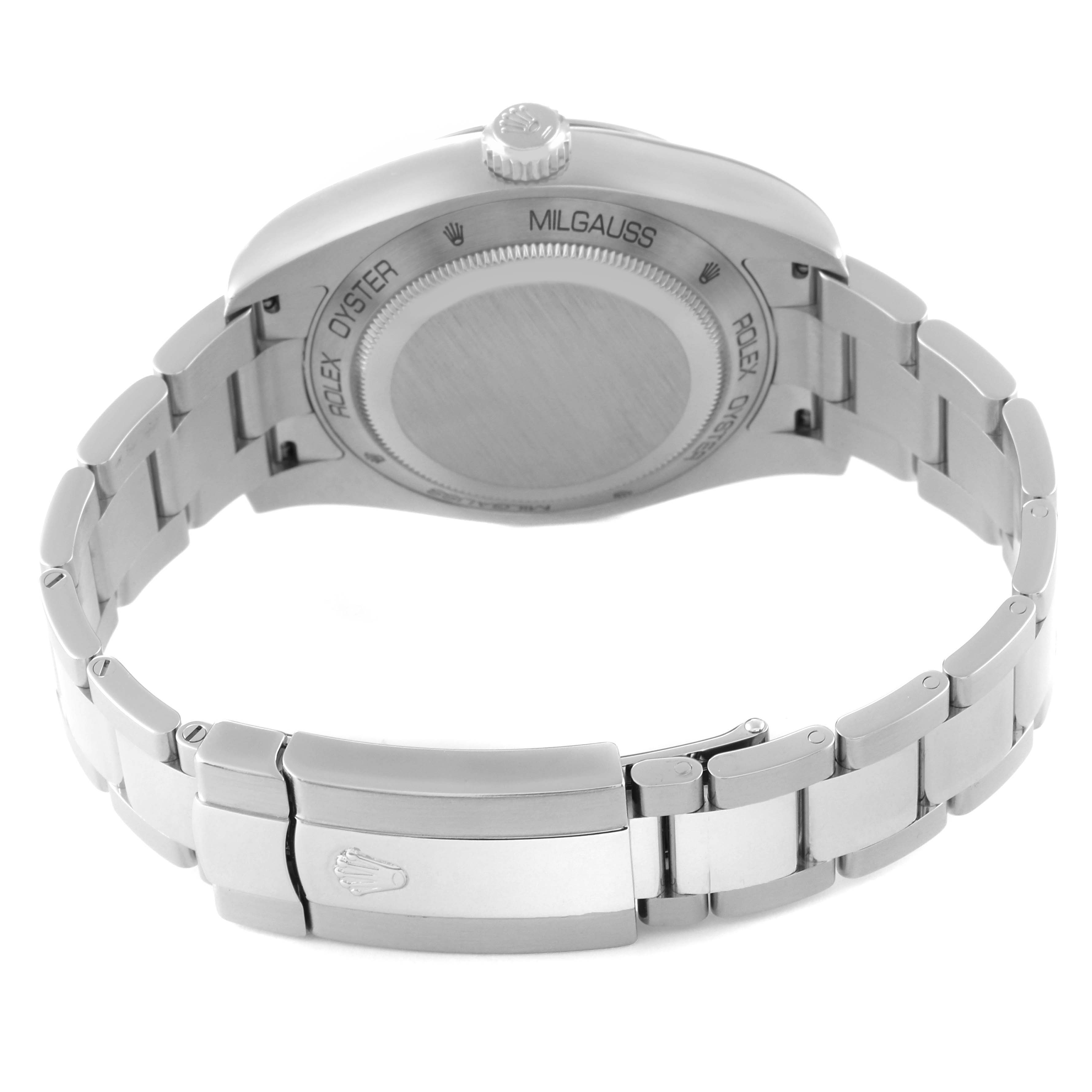 The image shows the back view and bracelet of the Rolex Milgauss 116400 Men's Stainless Steel Black Dial 116400 Men's Stainless Steel Black Dial watch.