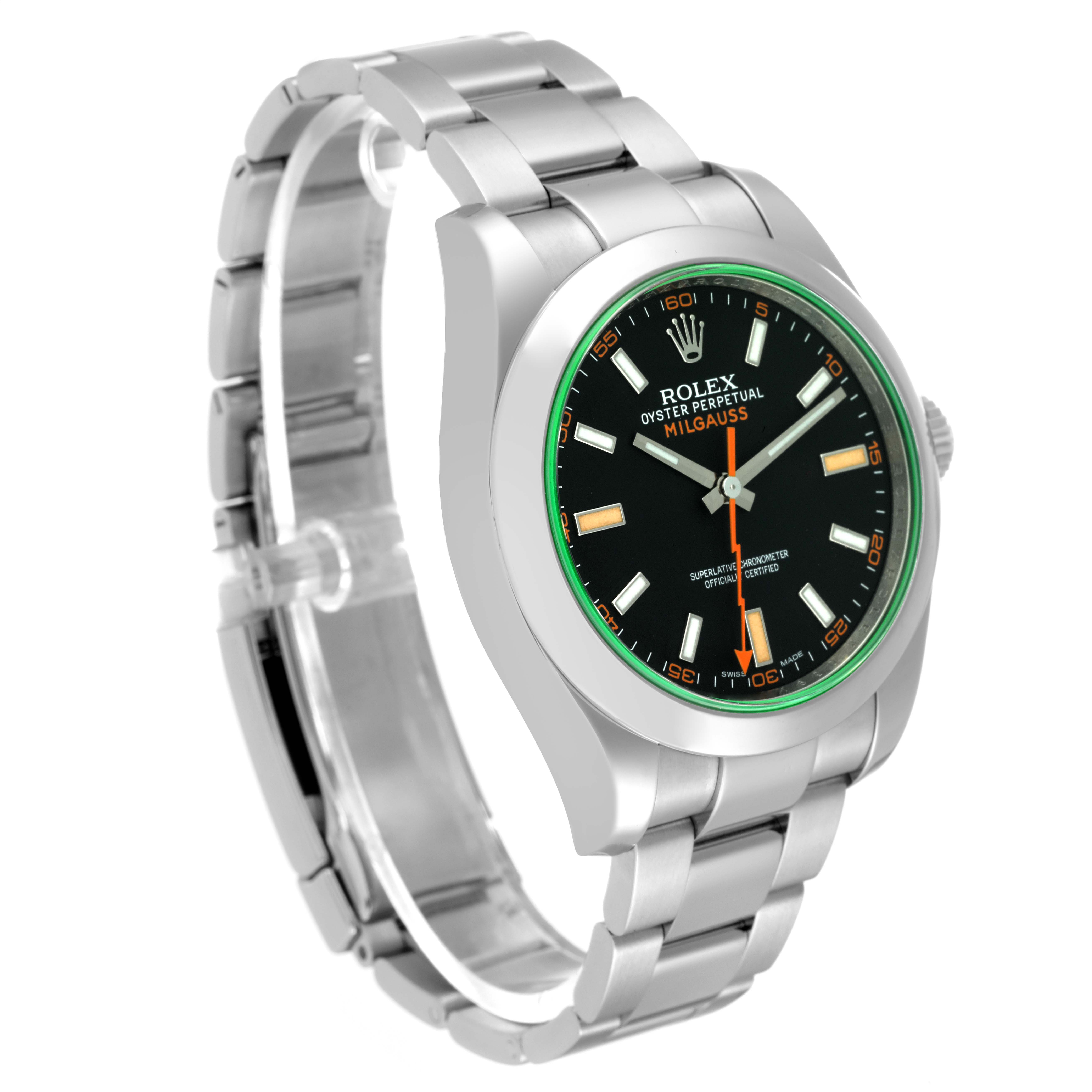The Rolex Milgauss 116400 Men's Stainless Steel Black Dial 116400 Men's Stainless Steel Black Dial watch is shown at a slight right angle, displaying the face, bracelet, and partial clasp.