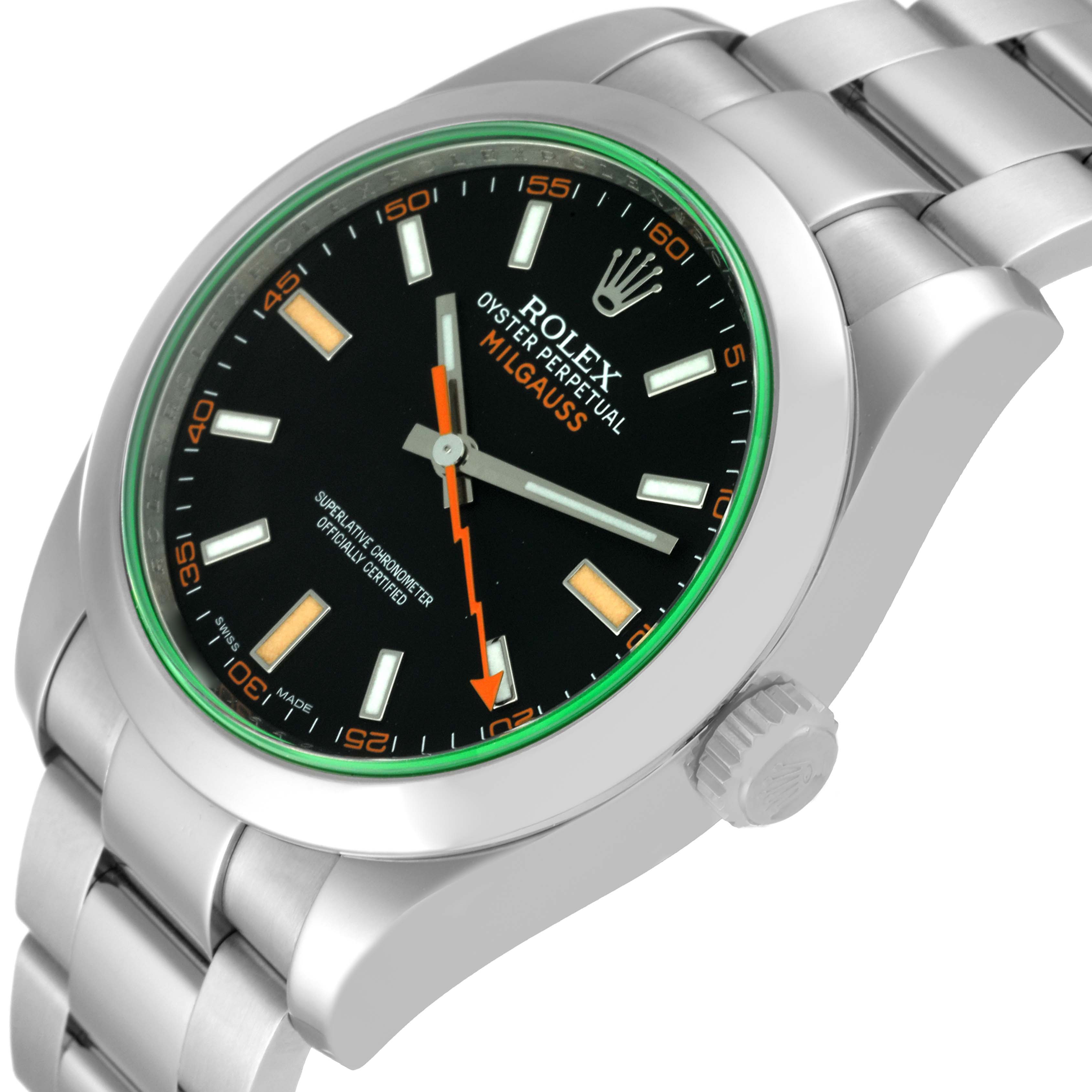 This image shows the Rolex Milgauss 116400 Men's Stainless Steel Black Dial 116400 Men's Stainless Steel Black Dial watch at an angled close-up, highlighting its dial, bezel, crown, and bracelet.
