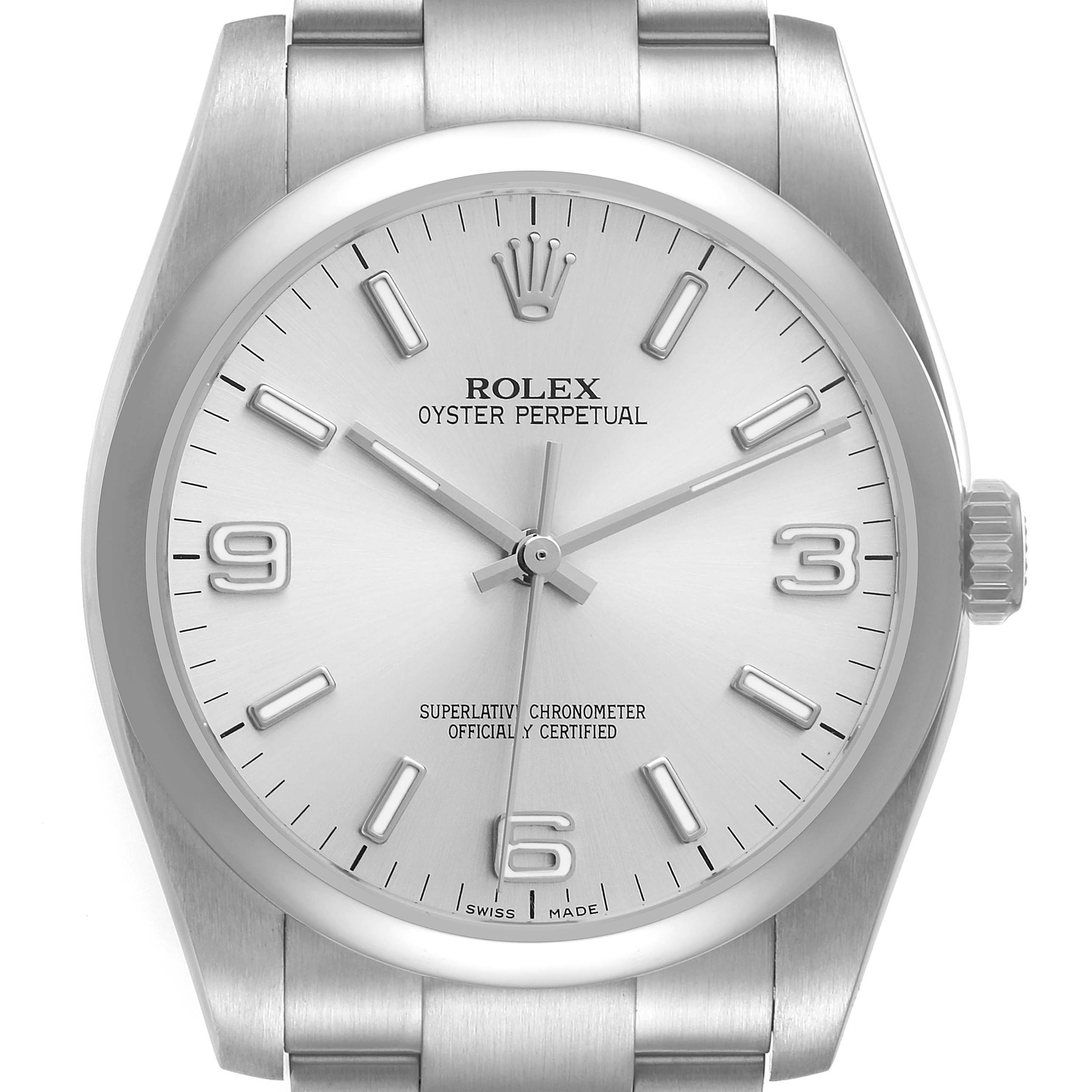 The Rolex Oyster Perpetual 116000 Men's Stainless Steel Silver Dial 116000 Men's Stainless Steel Silver Dial watch is shown from a front angle, displaying its dial, hands, bezel, and part of the bracelet.