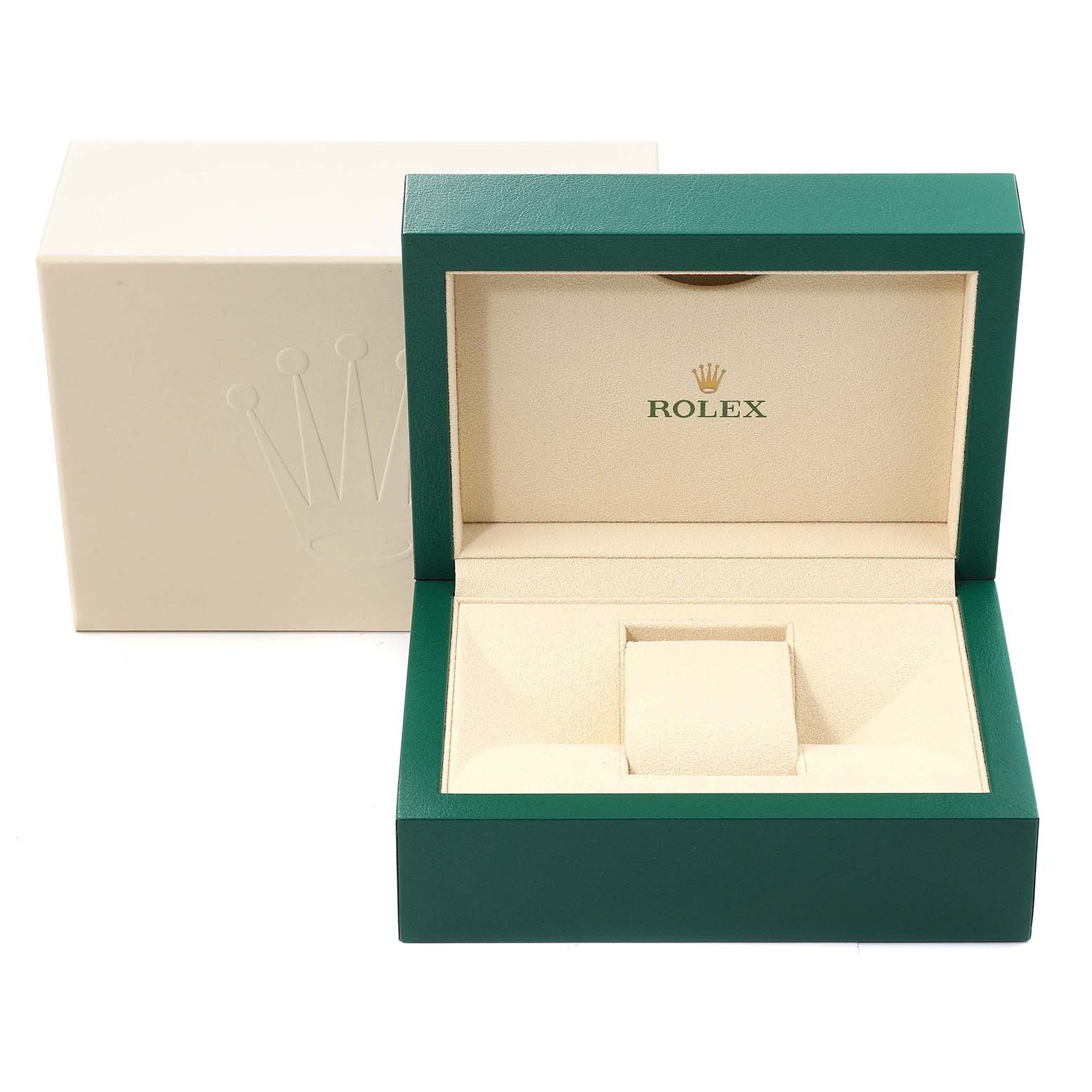 This image shows a Rolex Oyster Perpetual 116000 Men's Stainless Steel Silver Dial 116000 Men's Stainless Steel Silver Dial watch box, featuring an open green and beige inner display and a closed outer box.