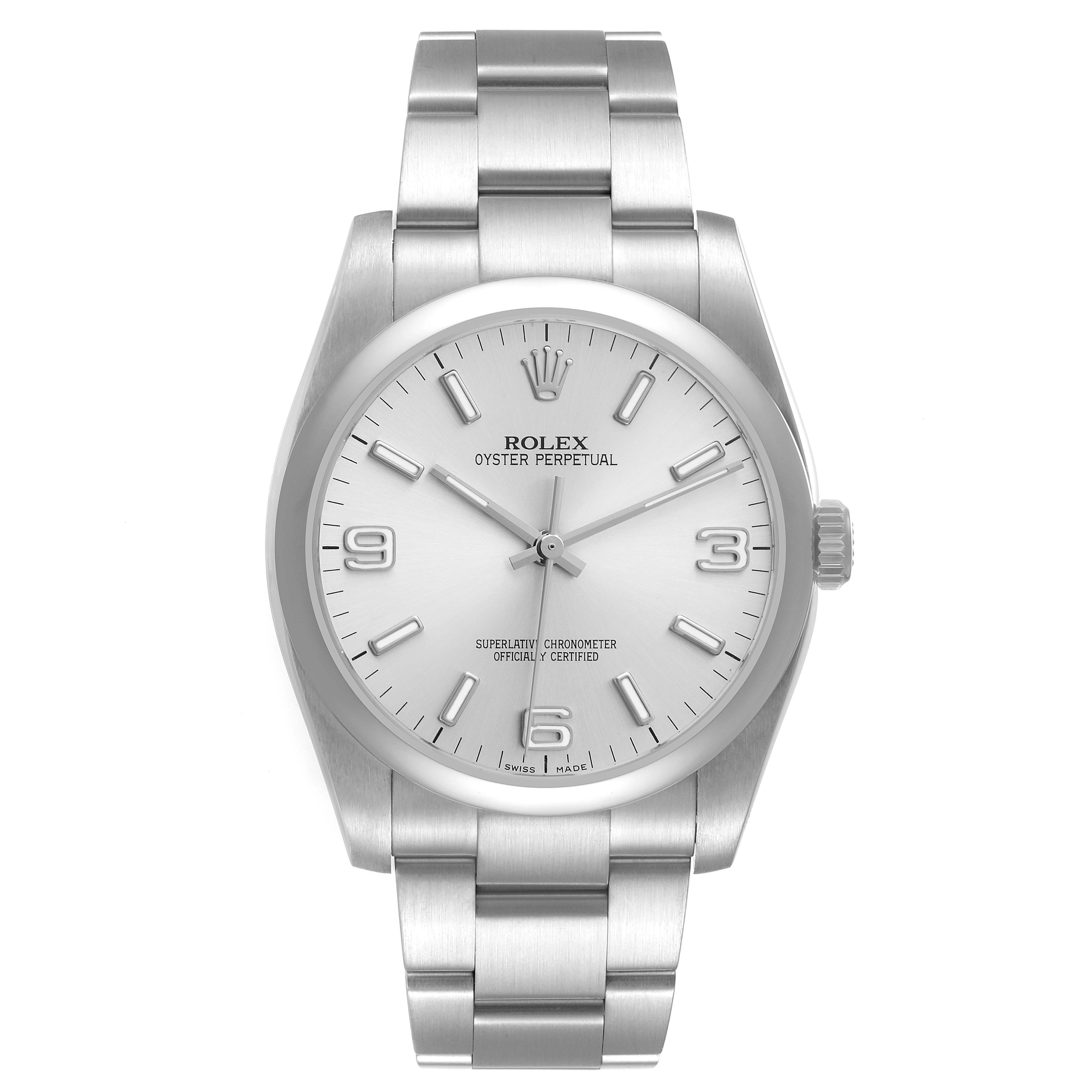 The image shows a front view of a Rolex Oyster Perpetual 116000 Men's Stainless Steel Silver Dial 116000 Men's Stainless Steel Silver Dial watch, displaying its dial, hands, indices, and bracelet.