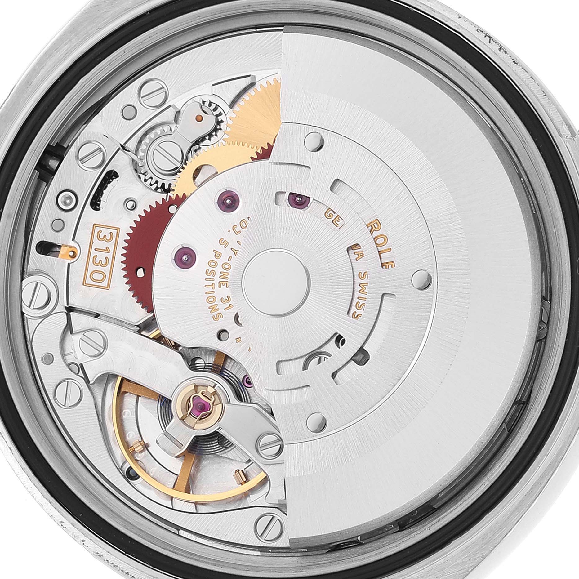 This image shows a close-up of the internal mechanism of a Rolex Oyster Perpetual 116000 Men's Stainless Steel Silver Dial 116000 Men's Stainless Steel Silver Dial watch, highlighting the gears and rotor.