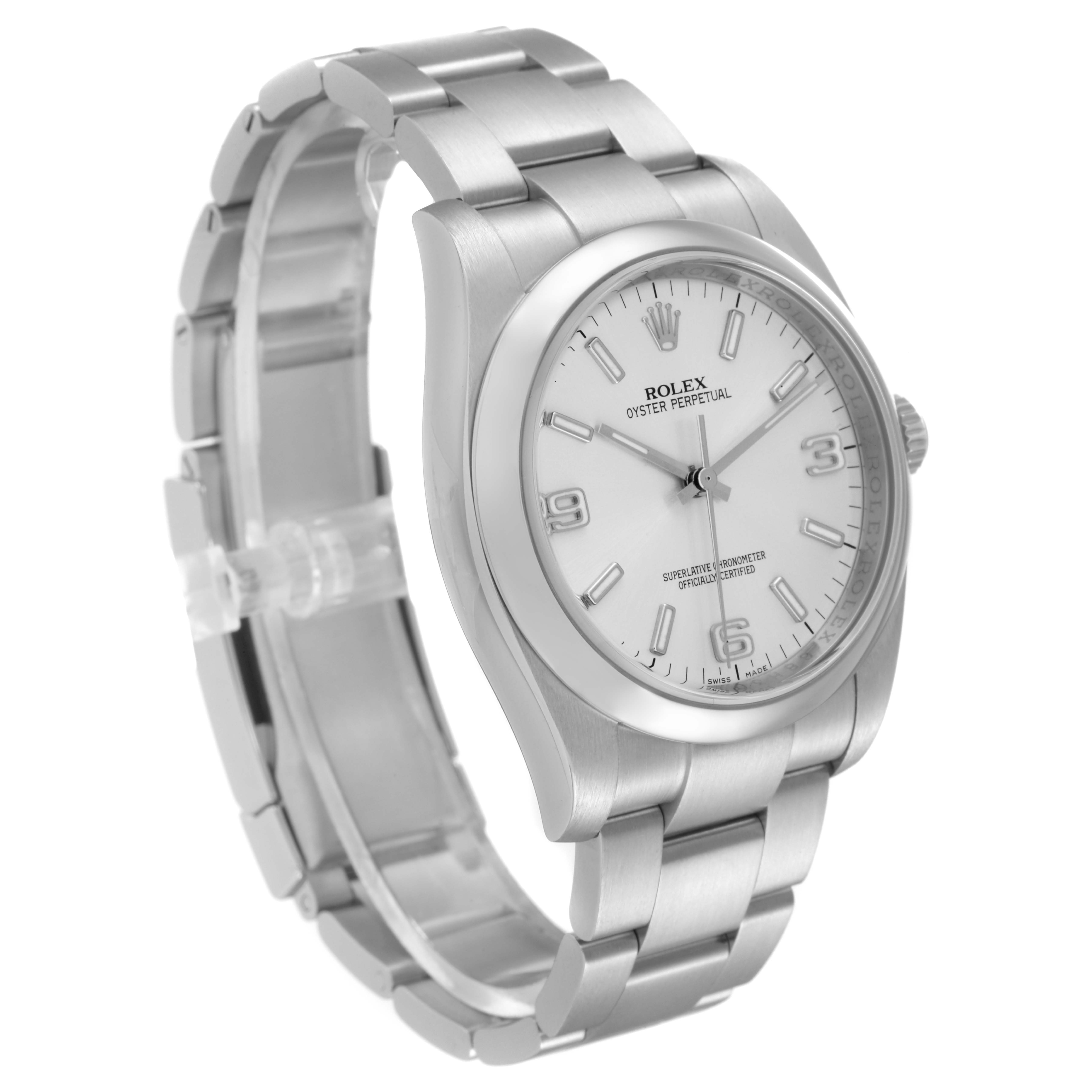 This image shows the Rolex Oyster Perpetual 116000 Men's Stainless Steel Silver Dial 116000 Men's Stainless Steel Silver Dial watch at a three-quarter angle, highlighting the bracelet, case, and dial.