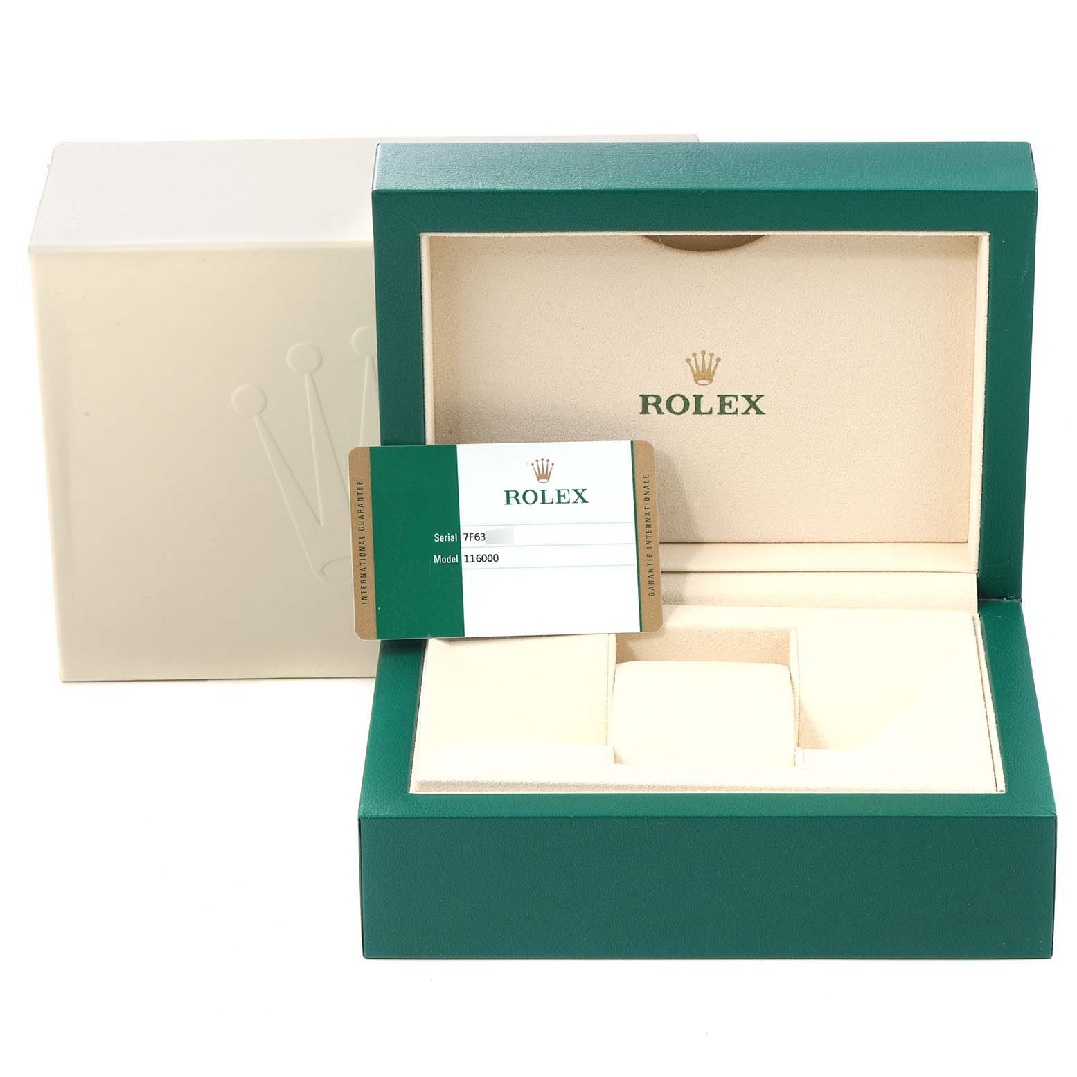 This image shows the packaging and authentication card for a Rolex Oyster Perpetual 116000 Men's Stainless Steel Champagne Dial 116000 Men's Stainless Steel Champagne Dial model.