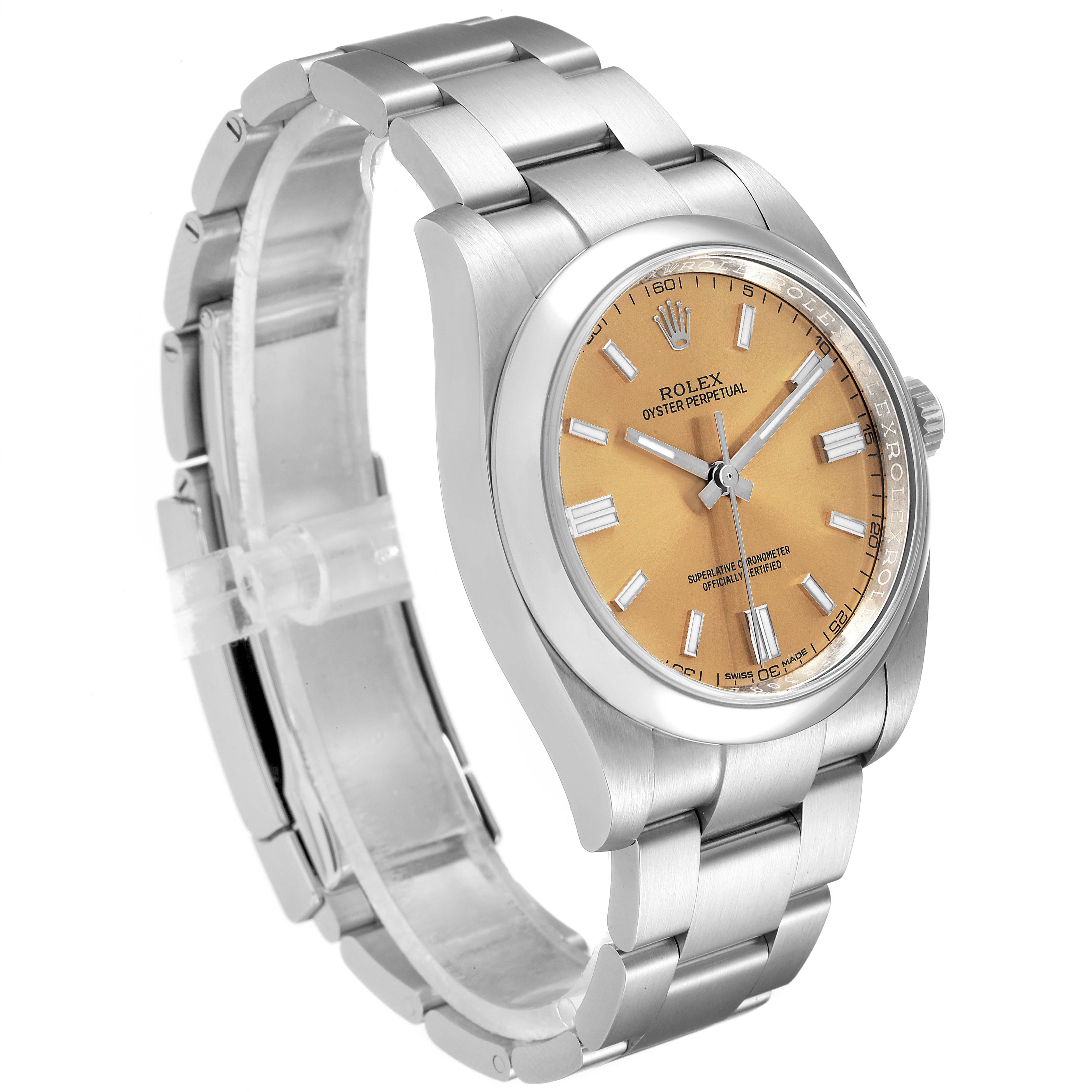The image shows a Rolex Oyster Perpetual 116000 Men's Stainless Steel Champagne Dial 116000 Men's Stainless Steel Champagne Dial watch from an angled side view, displaying the face, bezel, and bracelet.