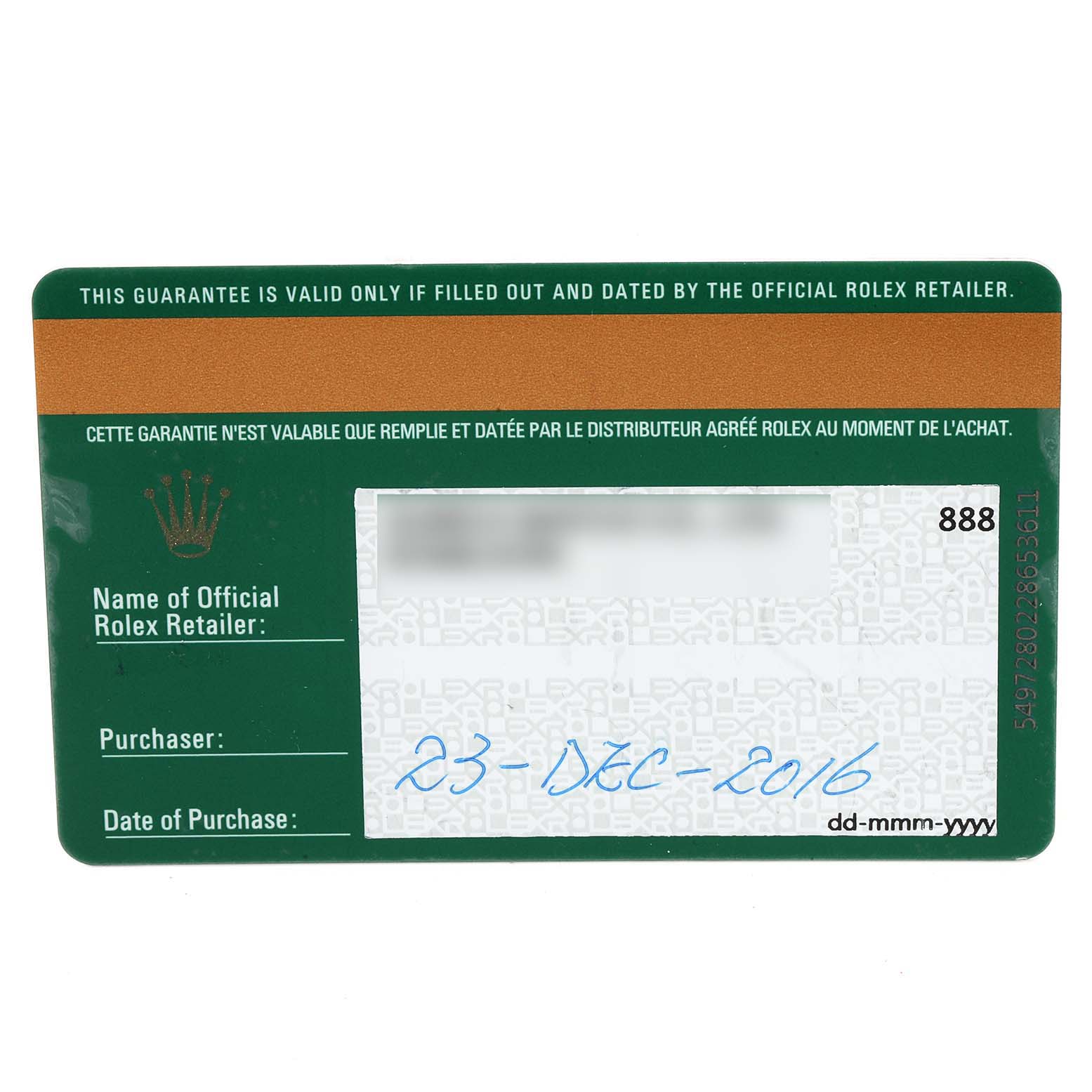 This is a warranty card for the Rolex Oyster Perpetual 116000 Men's Stainless Steel Champagne Dial 116000 Men's Stainless Steel Champagne Dial model, showing the retailer, purchaser, and date of purchase.