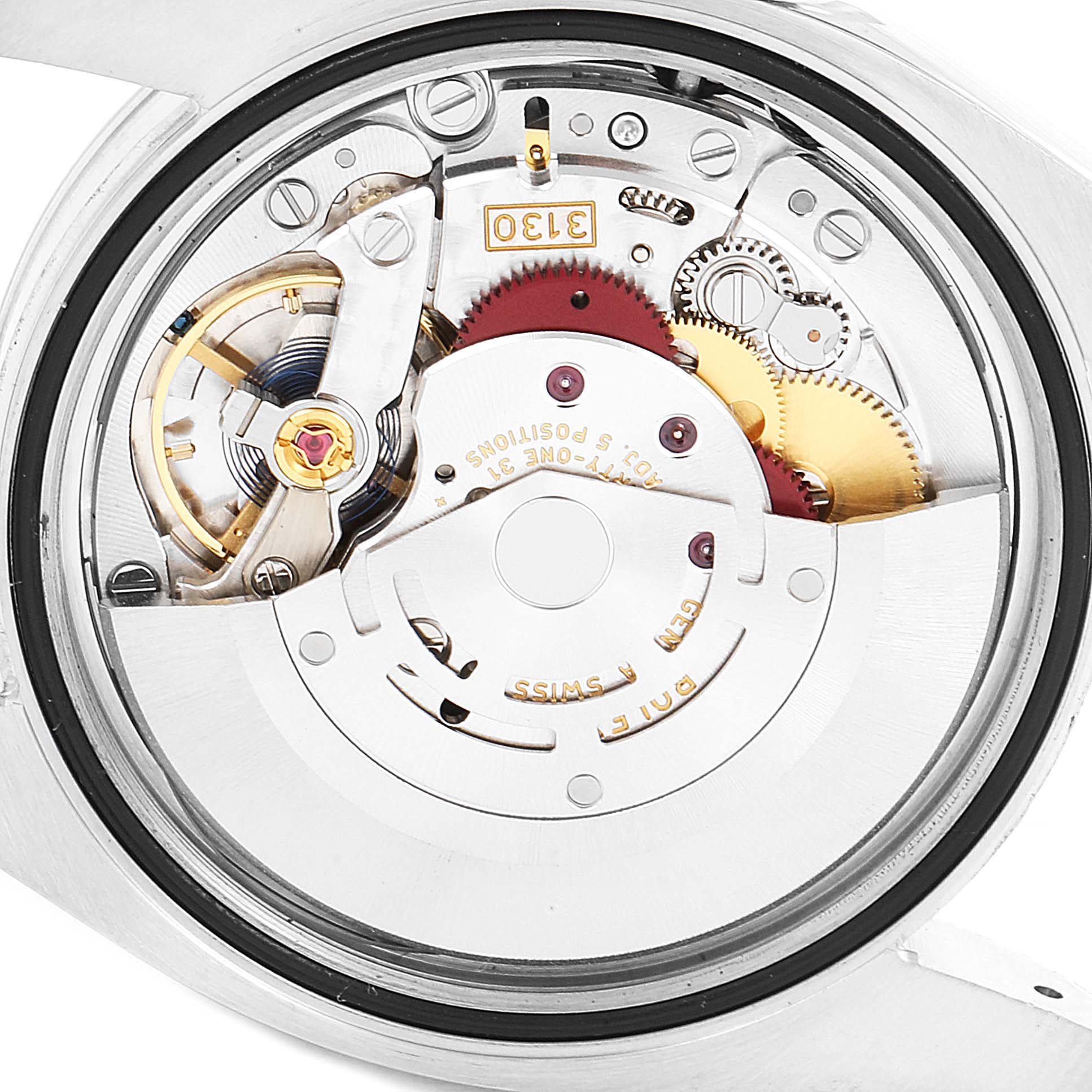 This image shows the internal movement of a Rolex Oyster Perpetual 116000 Men's Stainless Steel Champagne Dial 116000 Men's Stainless Steel Champagne Dial model viewed from the back.