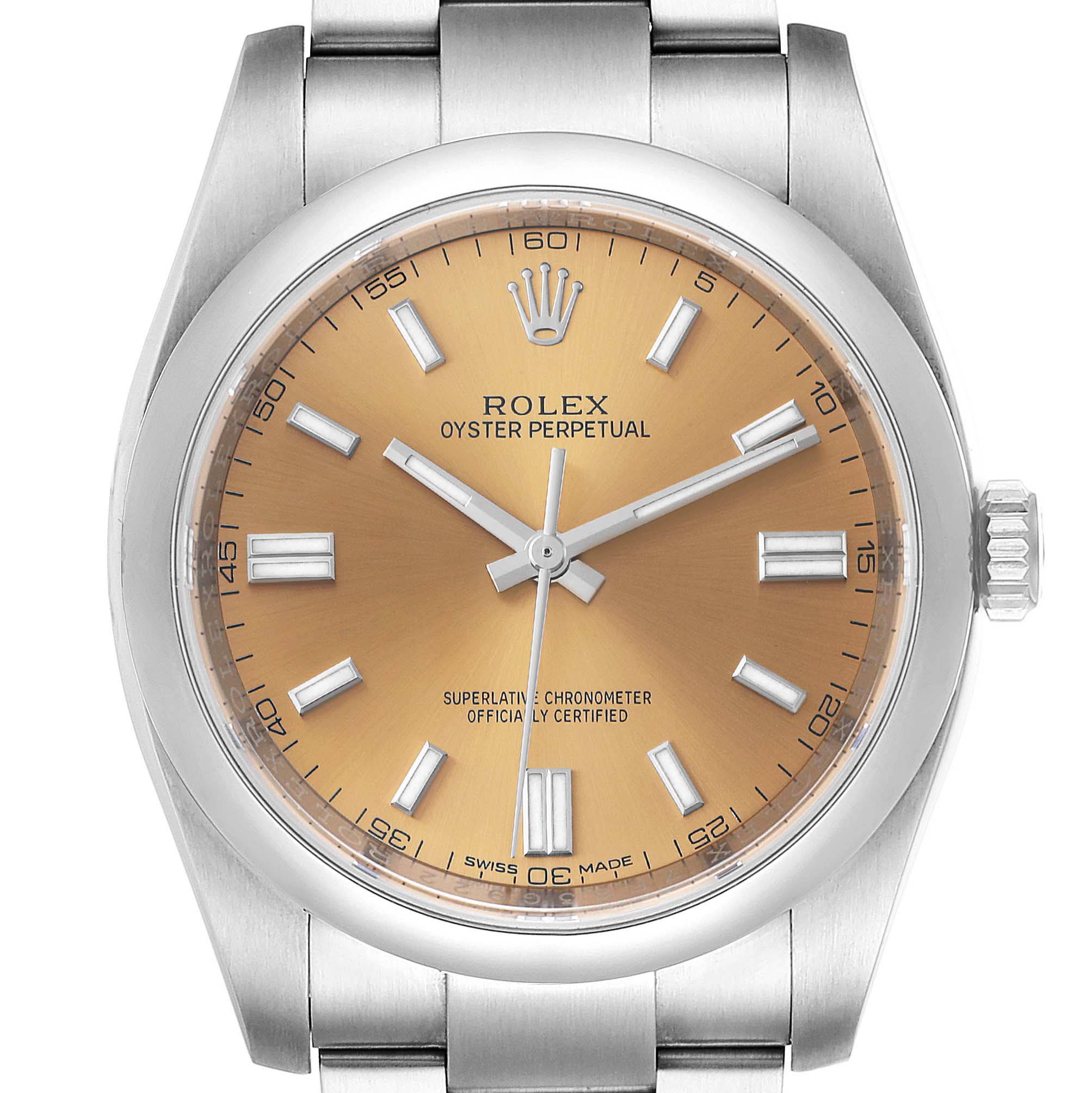 This image shows the full face of the Rolex Oyster Perpetual 116000 Men's Stainless Steel Champagne Dial 116000 Men's Stainless Steel Champagne Dial watch, including the dial, hands, markers, crown, and bracelet.