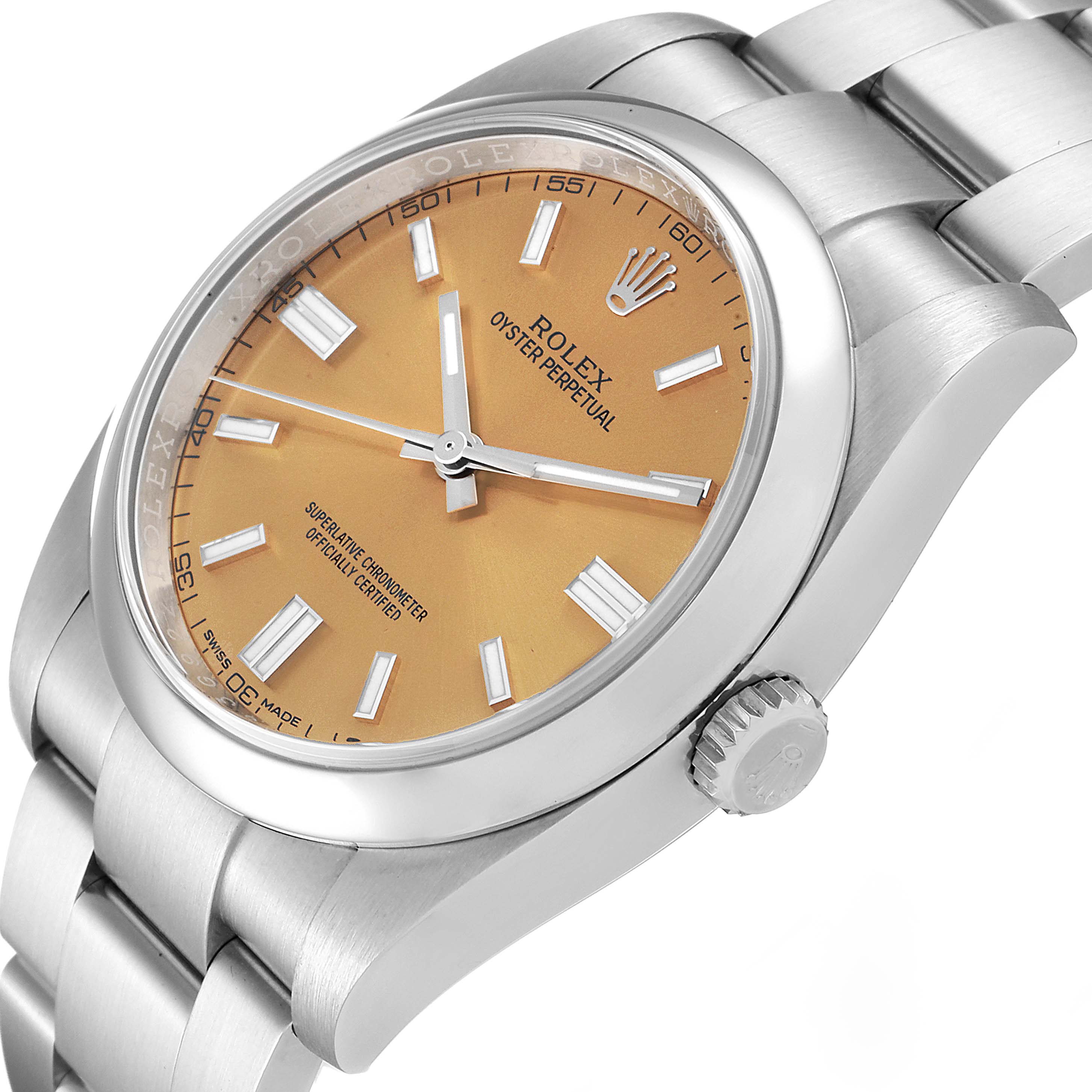 The Rolex Oyster Perpetual 116000 Men's Stainless Steel Champagne Dial 116000 Men's Stainless Steel Champagne Dial watch is shown from an angle highlighting the dial, crown, and part of the bracelet.