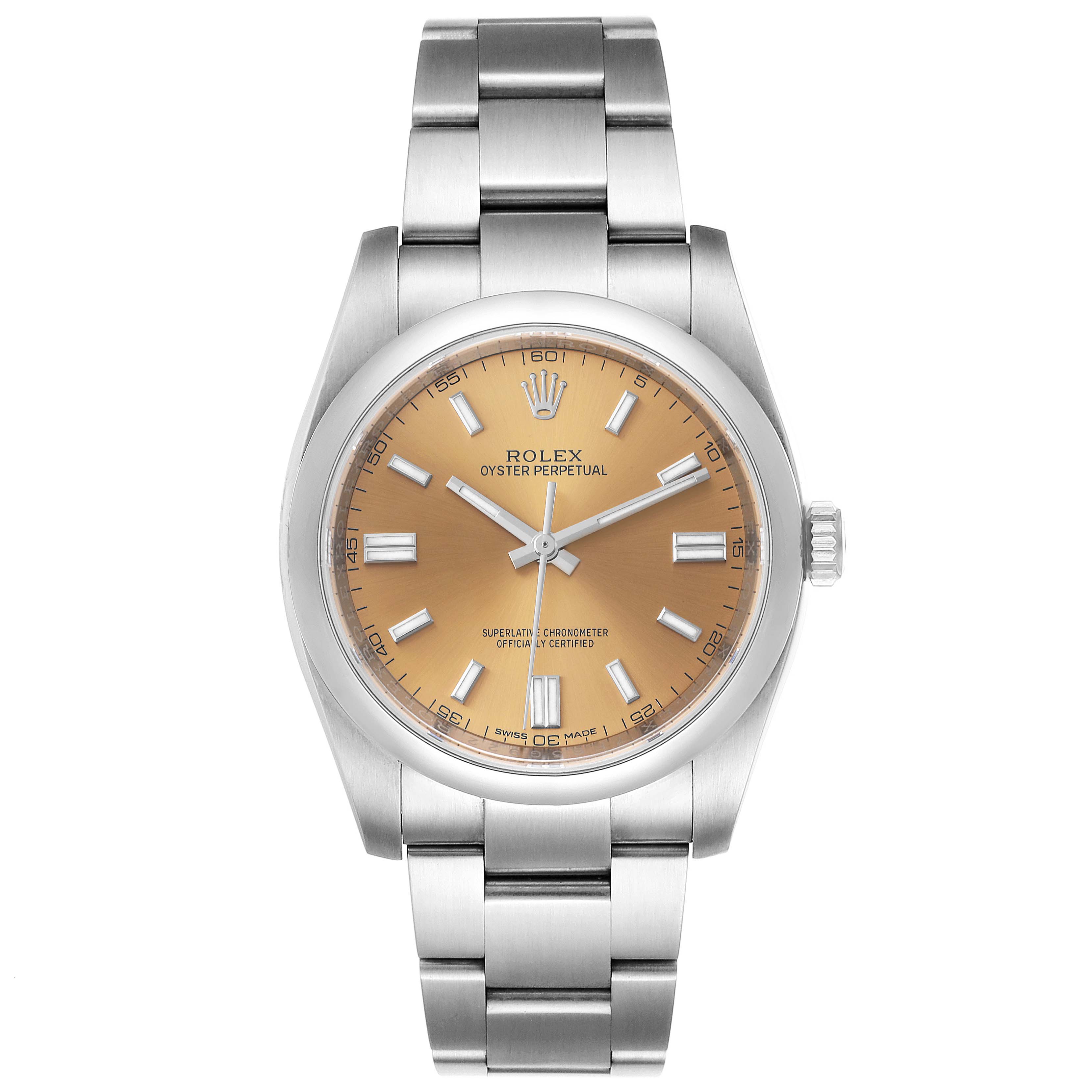 The image shows a Rolex Oyster Perpetual 116000 Men's Stainless Steel Champagne Dial 116000 Men's Stainless Steel Champagne Dial watch from a front angle, highlighting its dial, bezel, and the metal bracelet.