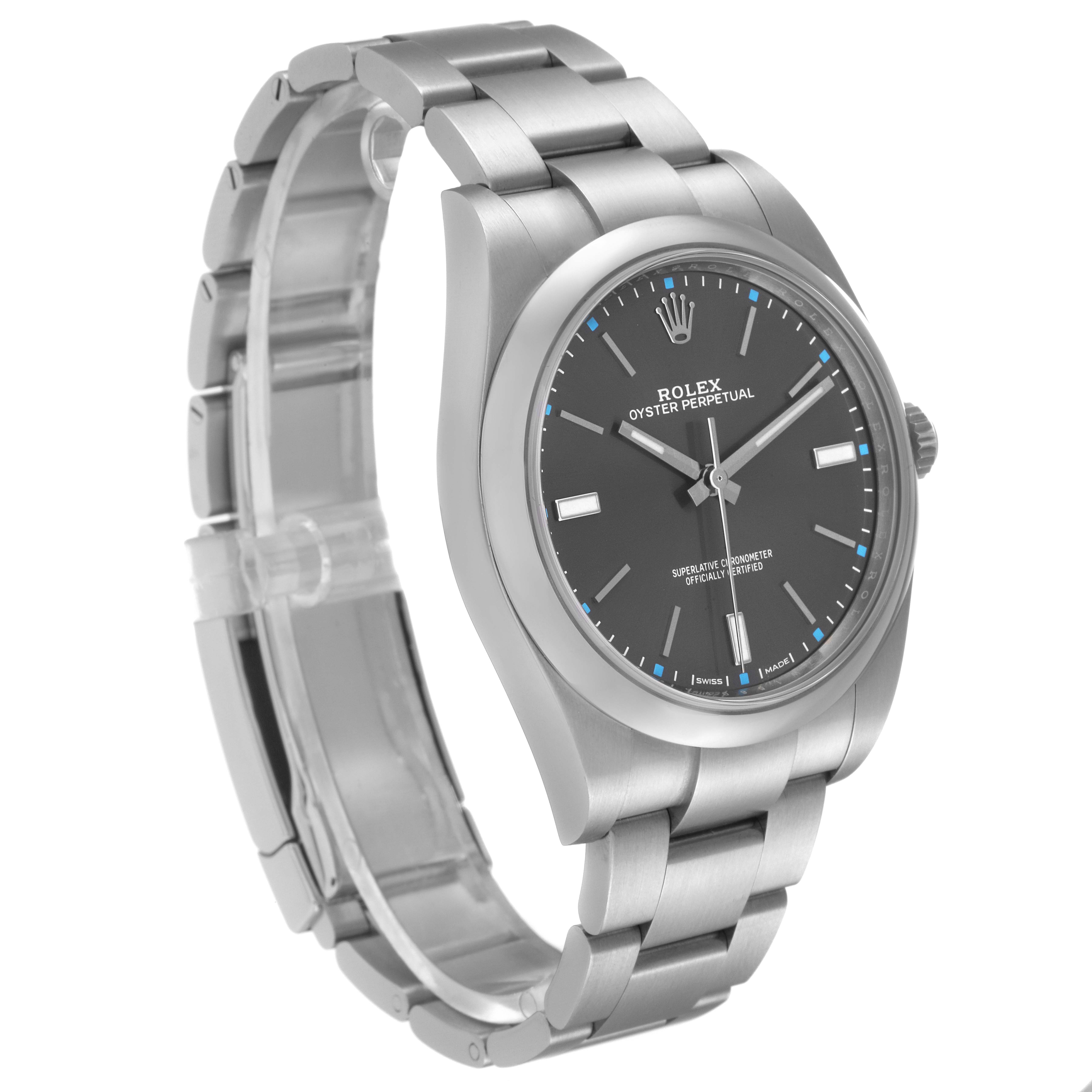 The image shows a Rolex Oyster Perpetual 114300 Men's Stainless Steel Grey Dial 114300 Men's Stainless Steel Grey Dial watch angled from the front-left, highlighting the watch face, bezel, and bracelet.