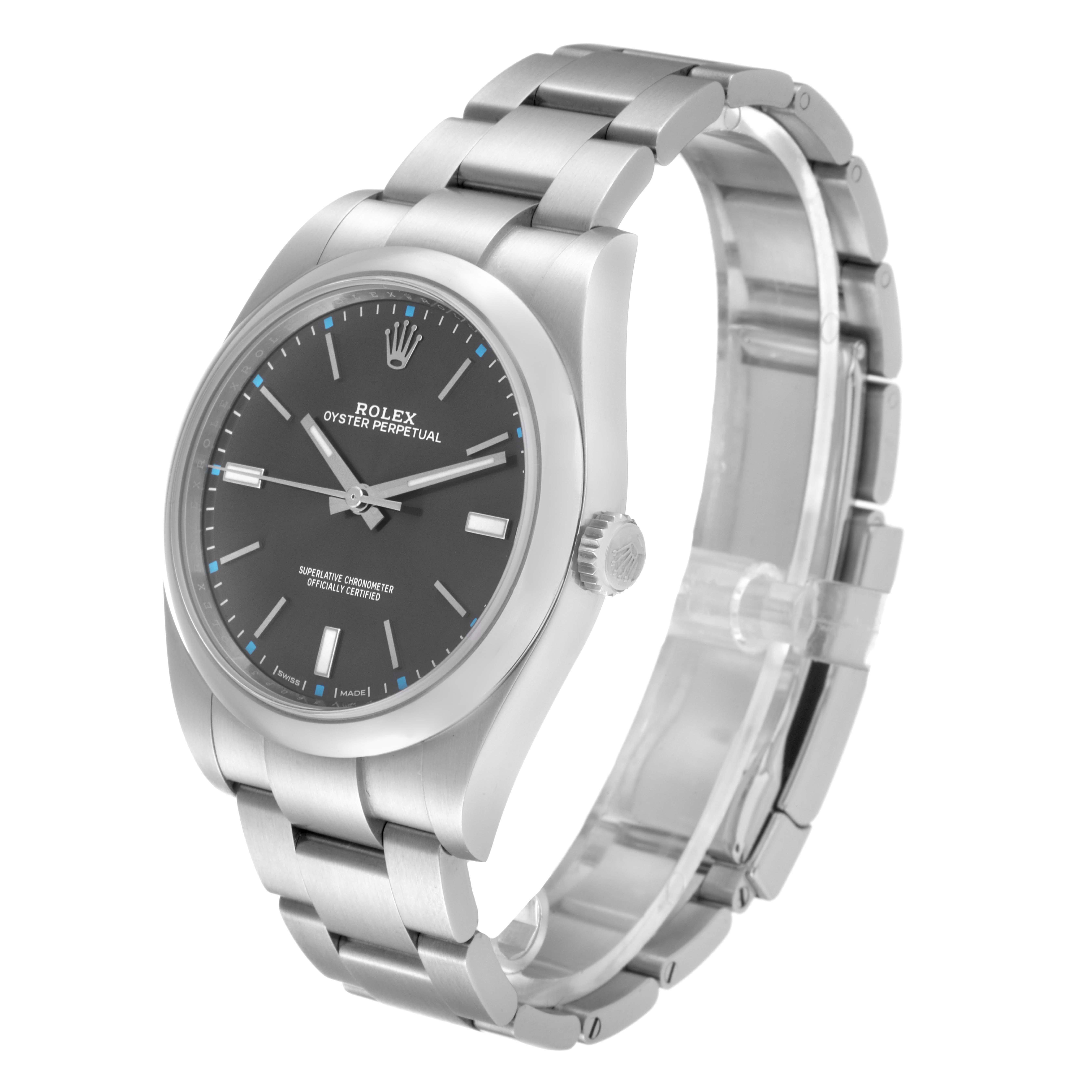 This image shows a Rolex Oyster Perpetual 114300 Men's Stainless Steel Grey Dial 114300 Men's Stainless Steel Grey Dial watch at a three-quarter angle, displaying the dial, bezel, crown, and bracelet.