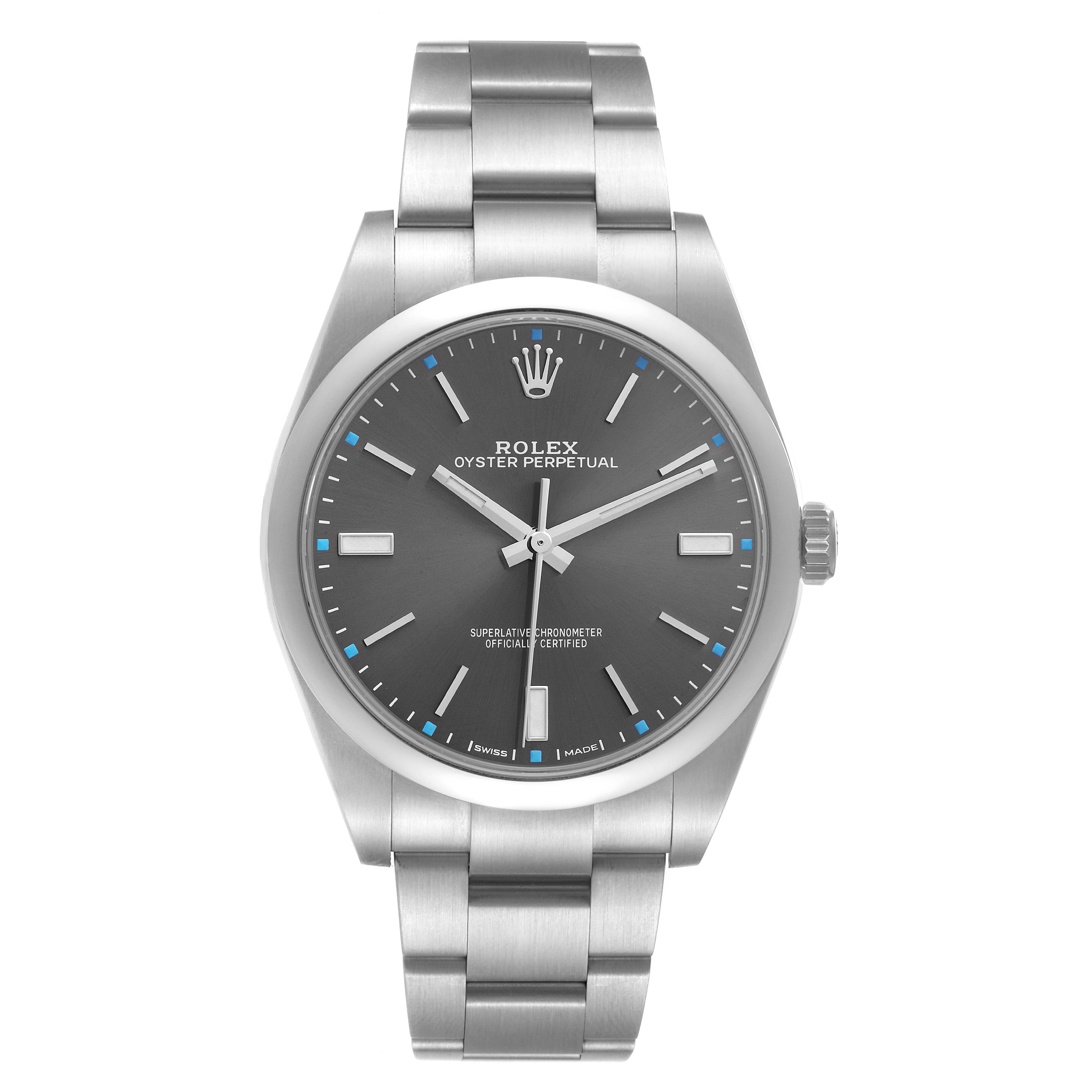 This is a front view of a Rolex Oyster Perpetual 114300 Men's Stainless Steel Grey Dial 114300 Men's Stainless Steel Grey Dial watch, showing its dial, hands, crown, and bracelet.