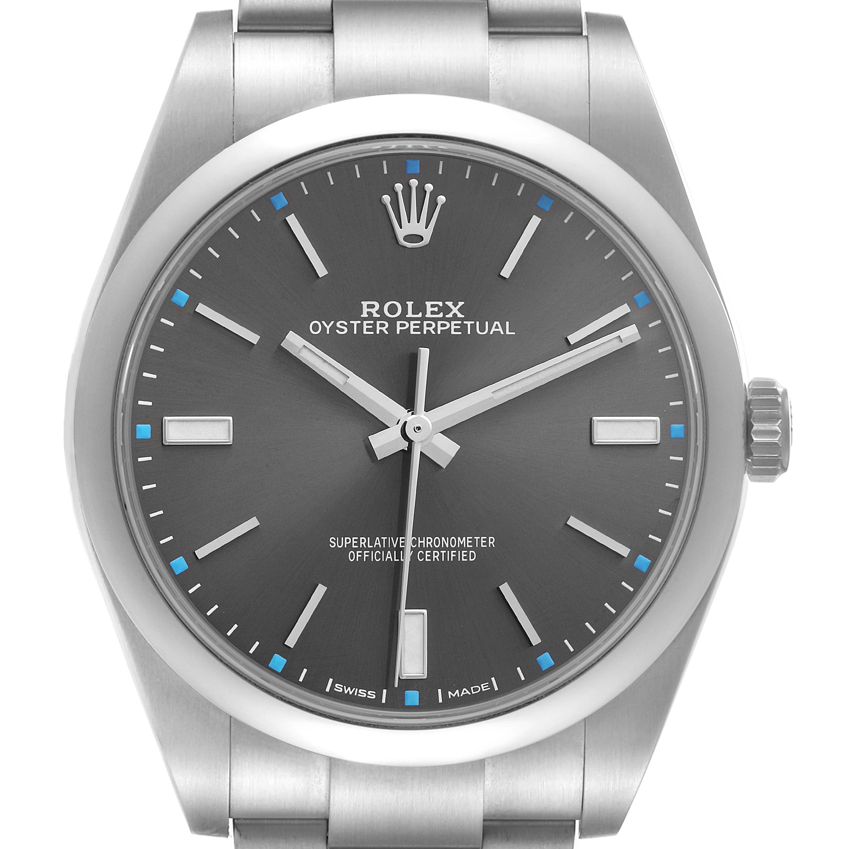 The Rolex Oyster Perpetual 114300 Men's Stainless Steel Grey Dial 114300 Men's Stainless Steel Grey Dial watch is shown from the front, displaying its face, hands, dial, and part of the bracelet.
