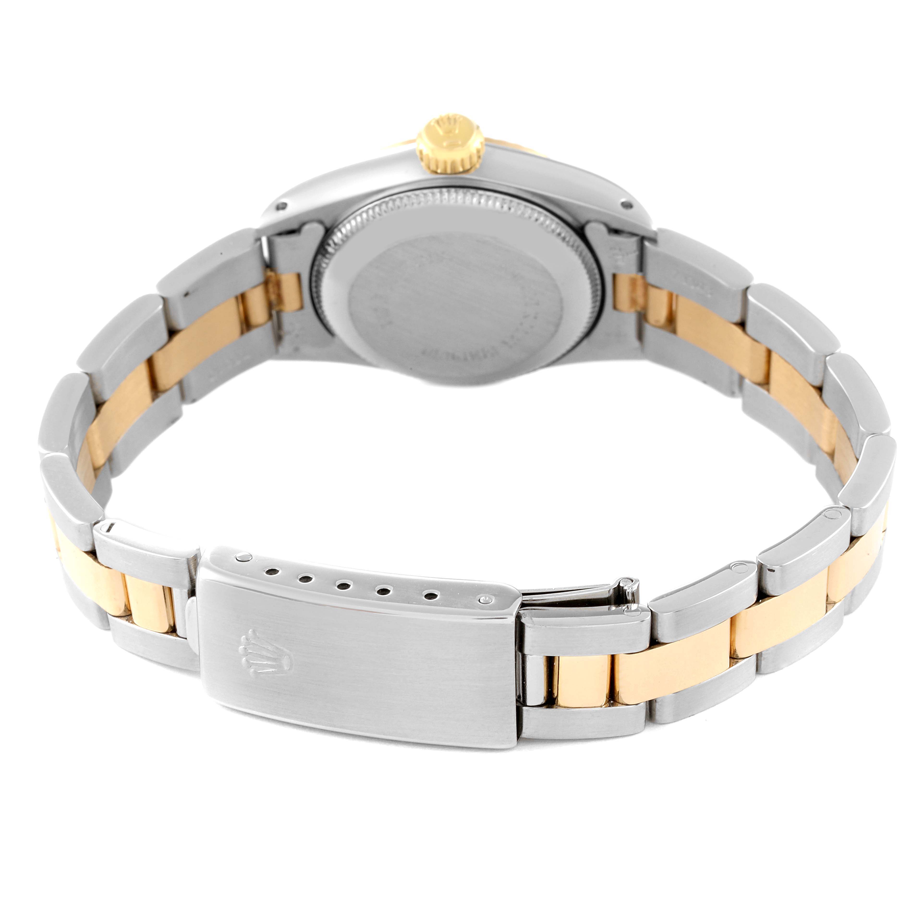 This image shows the back view of a Rolex Oyster Perpetual 67193 Women's Steel and Gold (two tone) Champagne Dial 67193 Women's Steel and Gold (two tone) Champagne Dial watch, focusing on the bracelet and clasp.