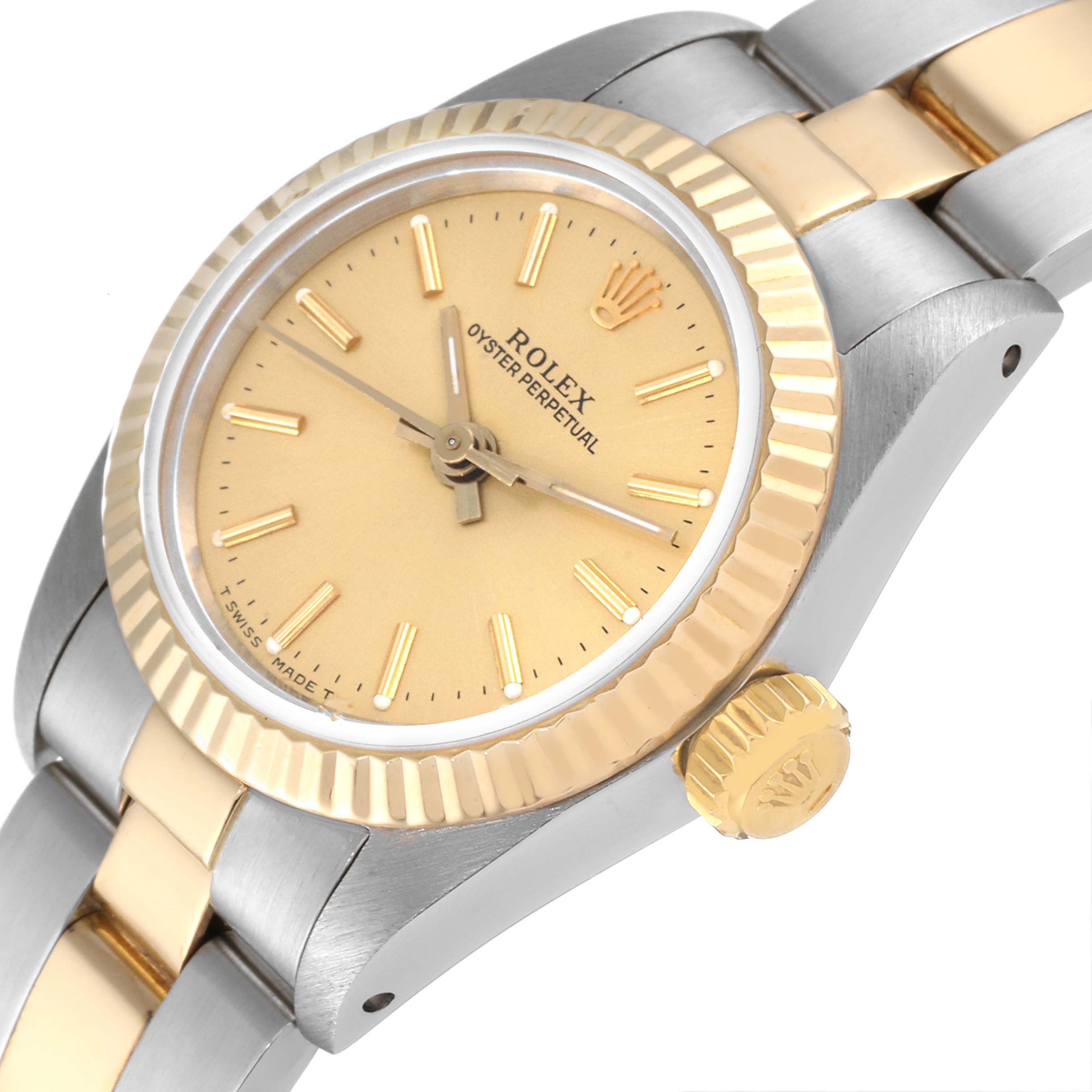 The image shows a Rolex Oyster Perpetual 67193 Women's Steel and Gold (two tone) Champagne Dial 67193 Women's Steel and Gold (two tone) Champagne Dial watch from an oblique angle, highlighting its gold and silver bracelet, fluted bezel, dial, and crown.