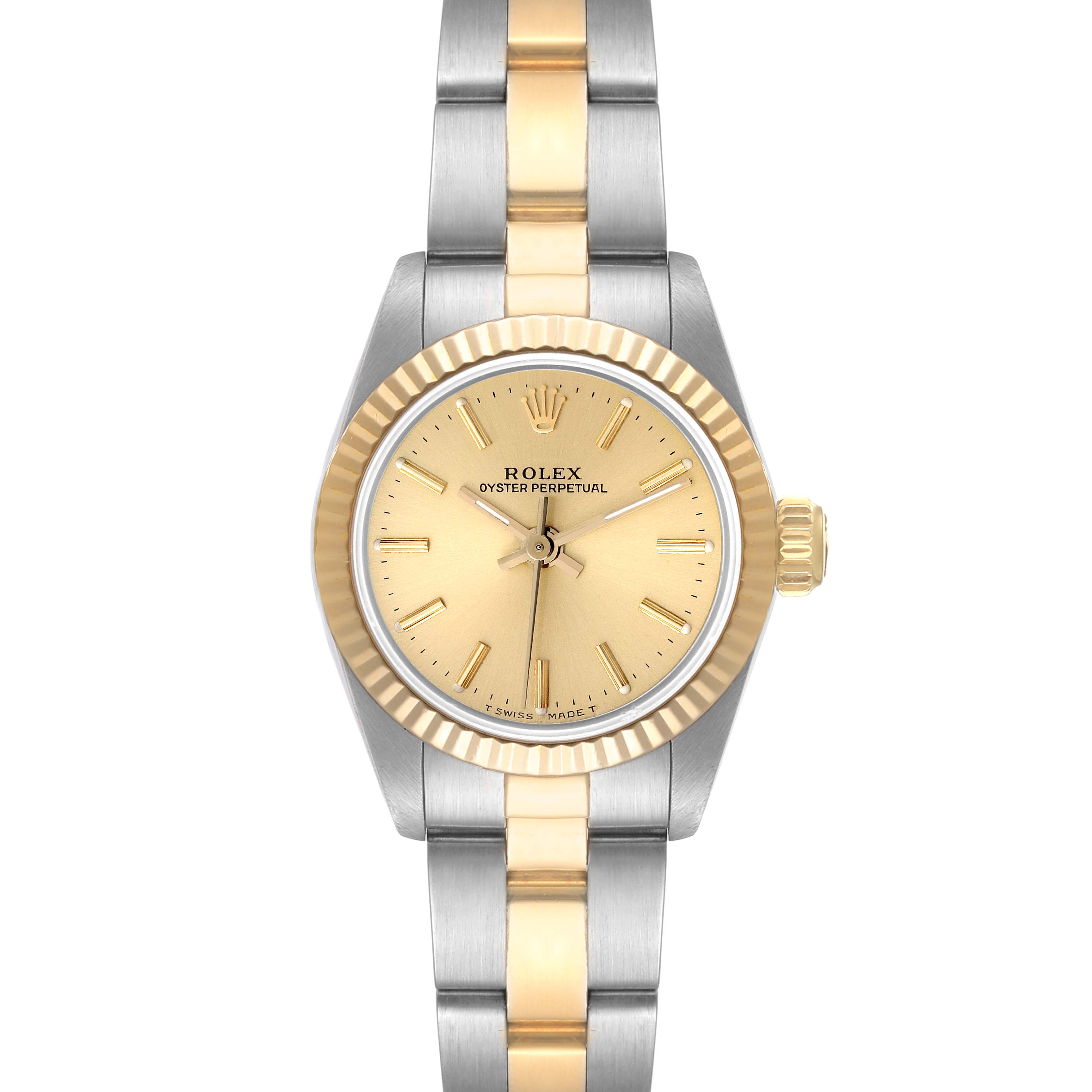 This Rolex Oyster Perpetual 67193 Women's Steel and Gold (two tone) Champagne Dial 67193 Women's Steel and Gold (two tone) Champagne Dial watch is shown in a front view, displaying its gold and silver dial, bezel, and bracelet.