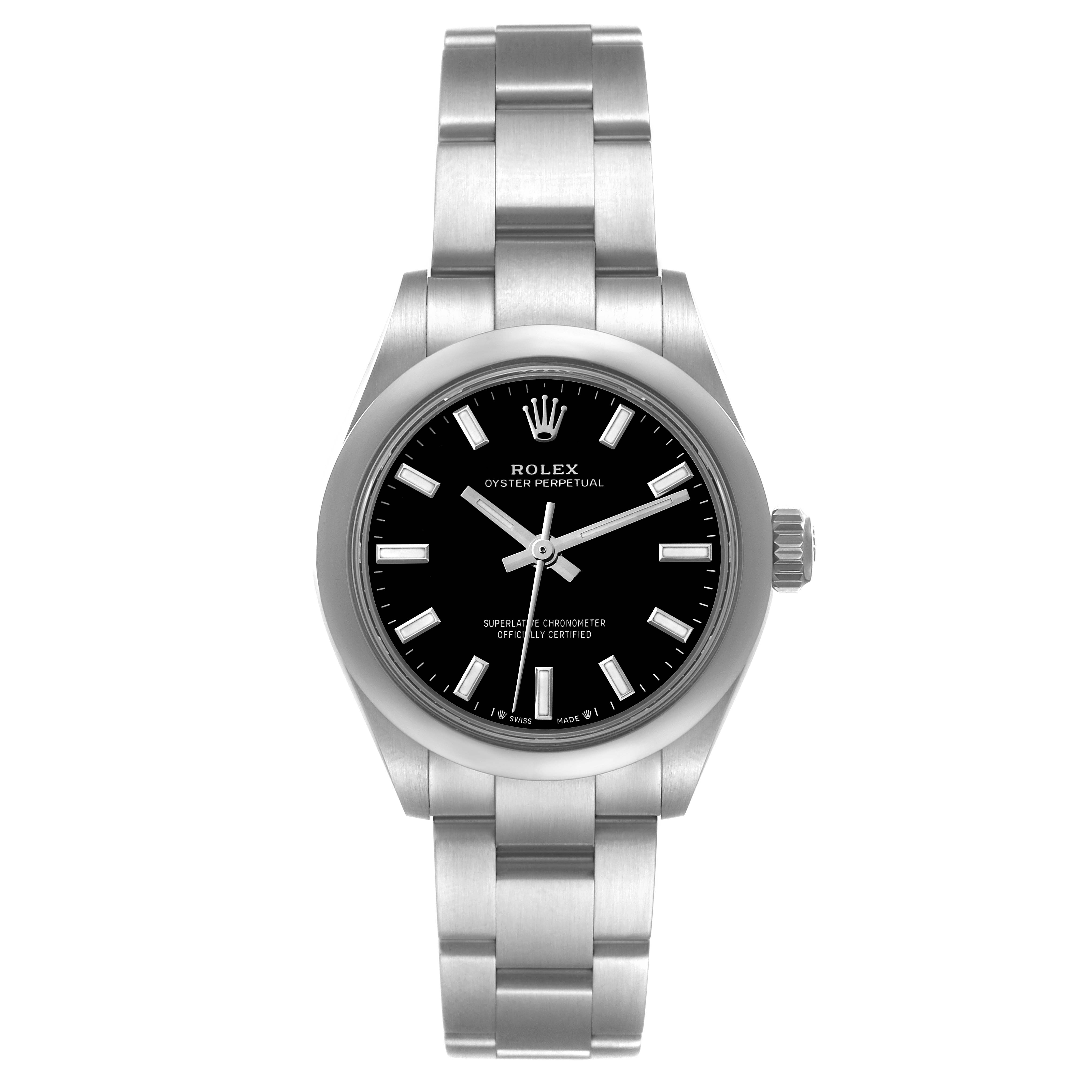 The Rolex Oyster Perpetual 276200 Women's Stainless Steel Black Dial 276200 Women's Stainless Steel Black Dial watch is shown from a top-down angle, highlighting the dial, bezel, and bracelet.