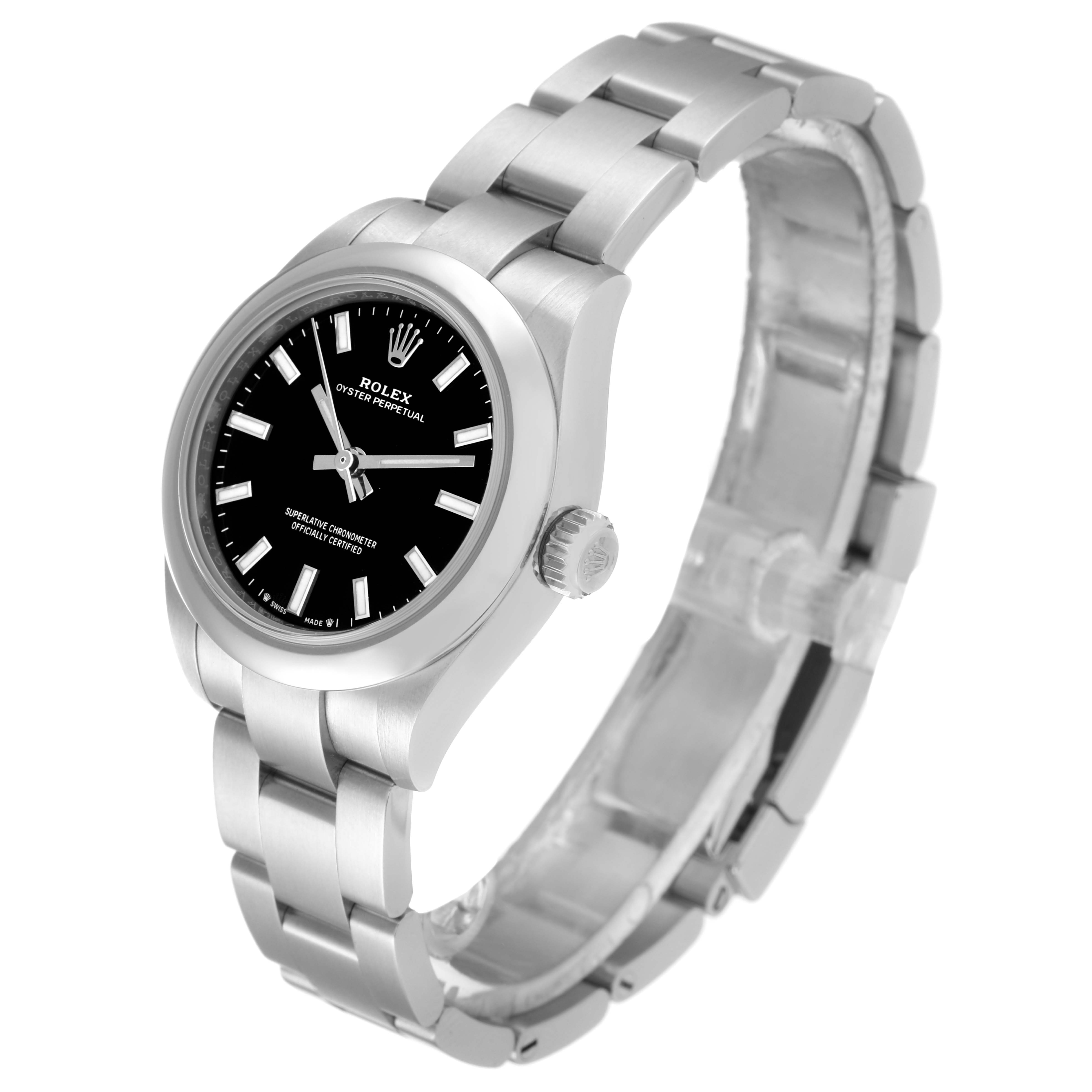 This image shows a side angle of a Rolex Oyster Perpetual 276200 Women's Stainless Steel Black Dial 276200 Women's Stainless Steel Black Dial watch, displaying the face, bezel, and bracelet.
