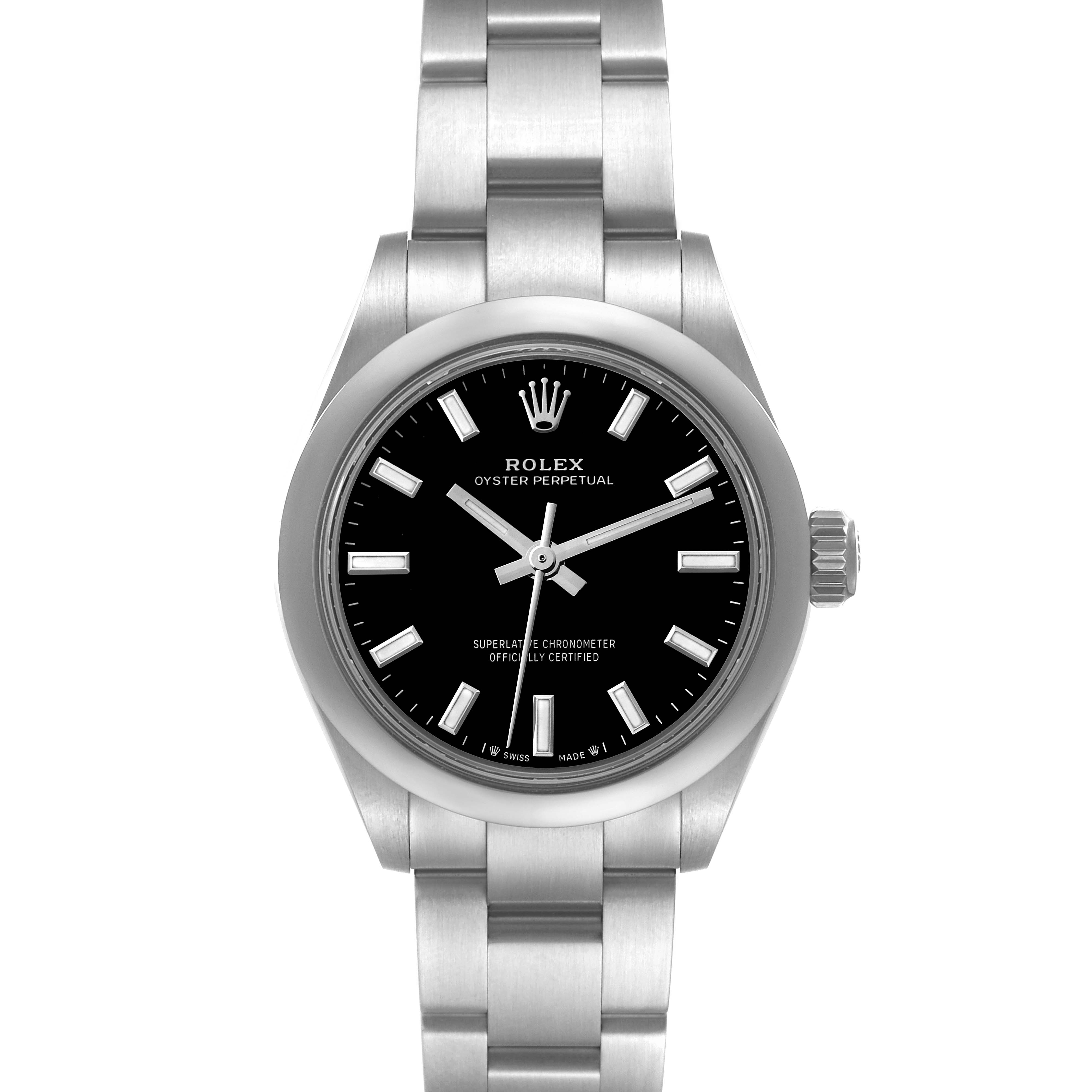This Rolex Oyster Perpetual 276200 Women's Stainless Steel Black Dial 276200 Women's Stainless Steel Black Dial watch is shown from a front angle, displaying the face, bezel, and bracelet.