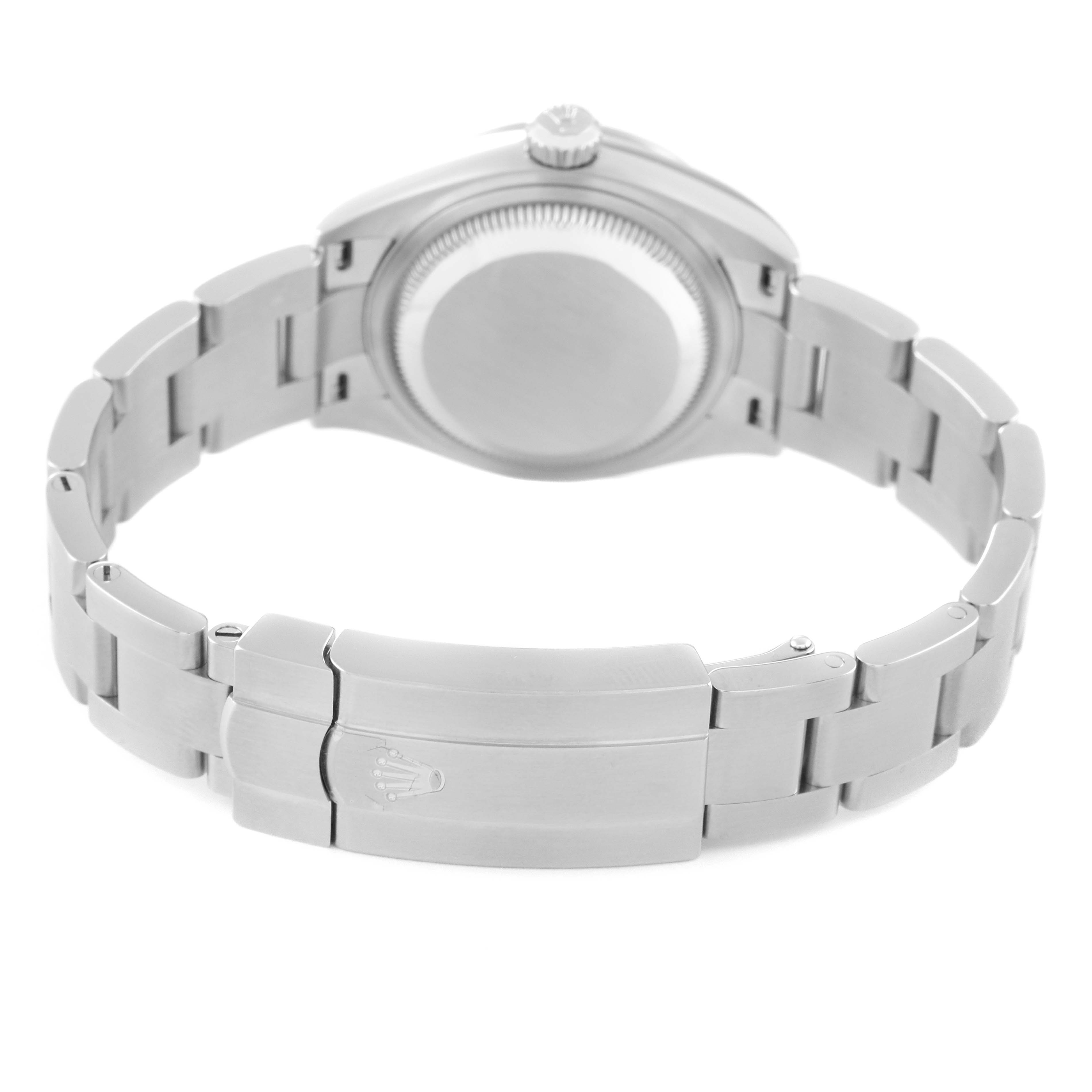 This image shows the back case and the bracelet clasp of the Rolex Oyster Perpetual 276200 Women's Stainless Steel Black Dial 276200 Women's Stainless Steel Black Dial watch.